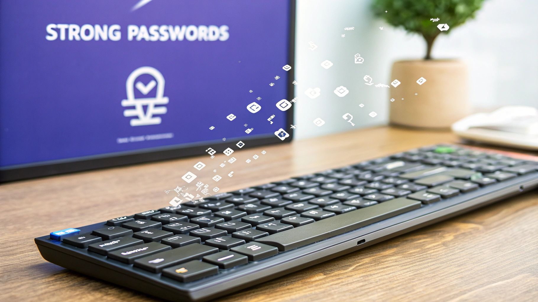 A visual representation of password complexity, showing a shield icon with a strong password being entered into a field.