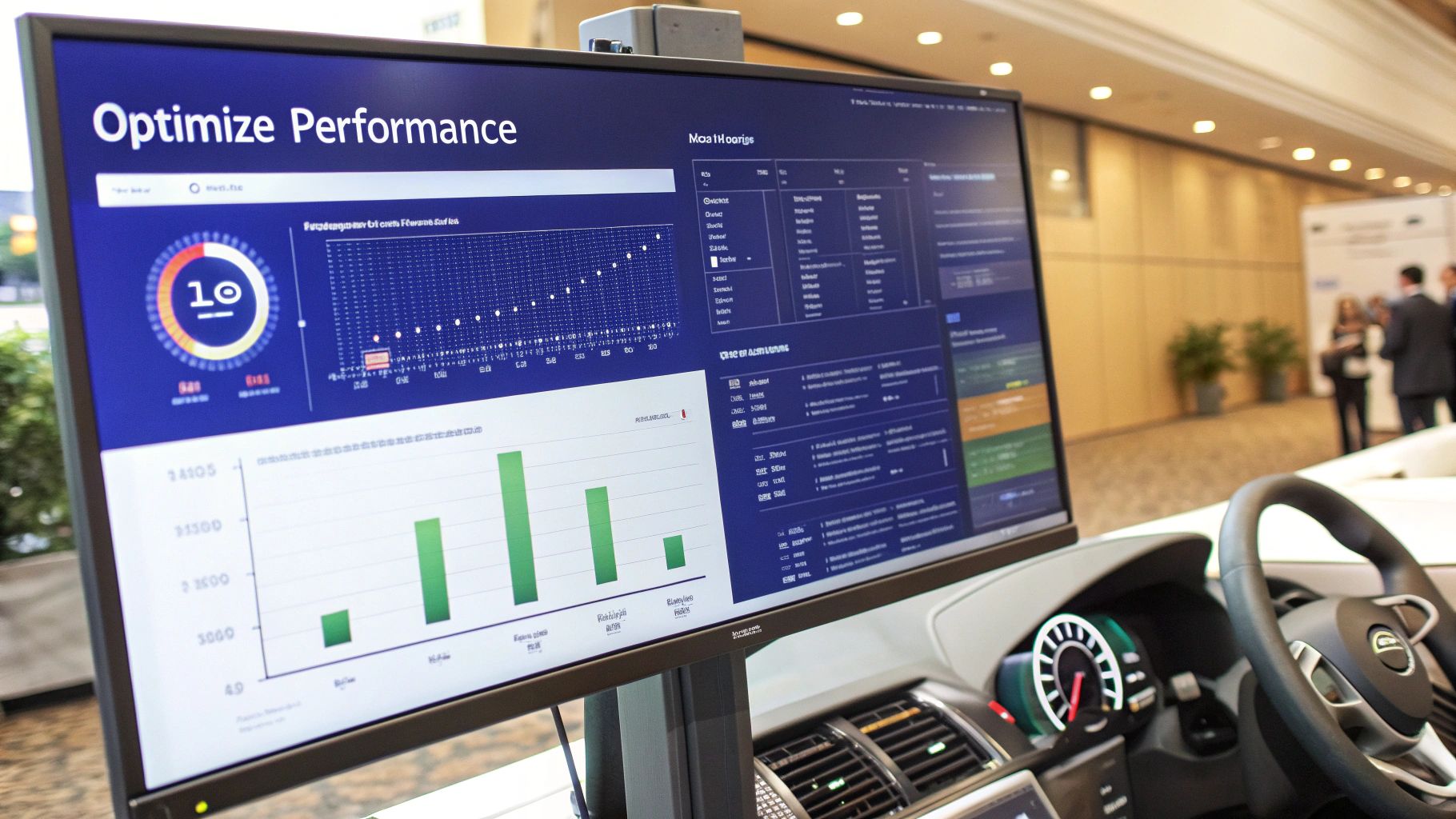 An image showing a dashboard with cloud performance and cost optimization metrics, with green and blue graphs.