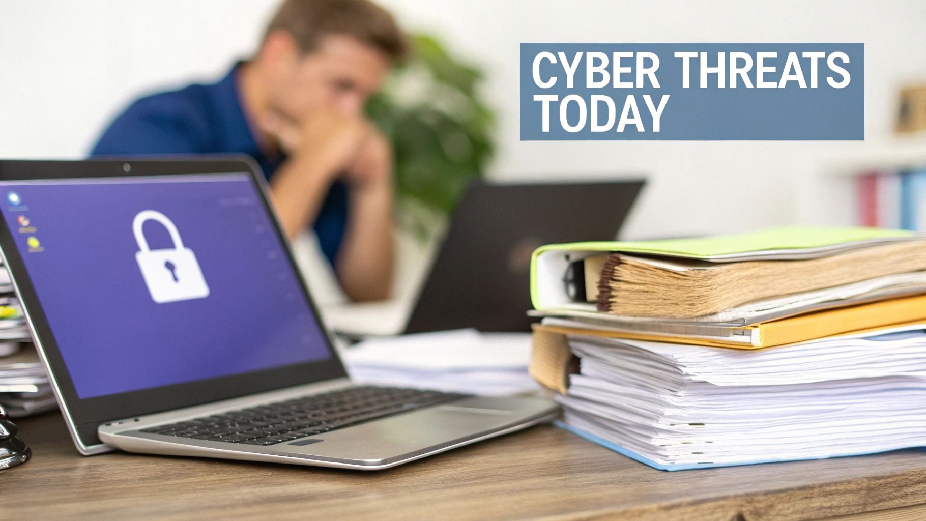 A laptop displays a padlock icon amidst office files, with a person and 'Cyber Threats Today' message.