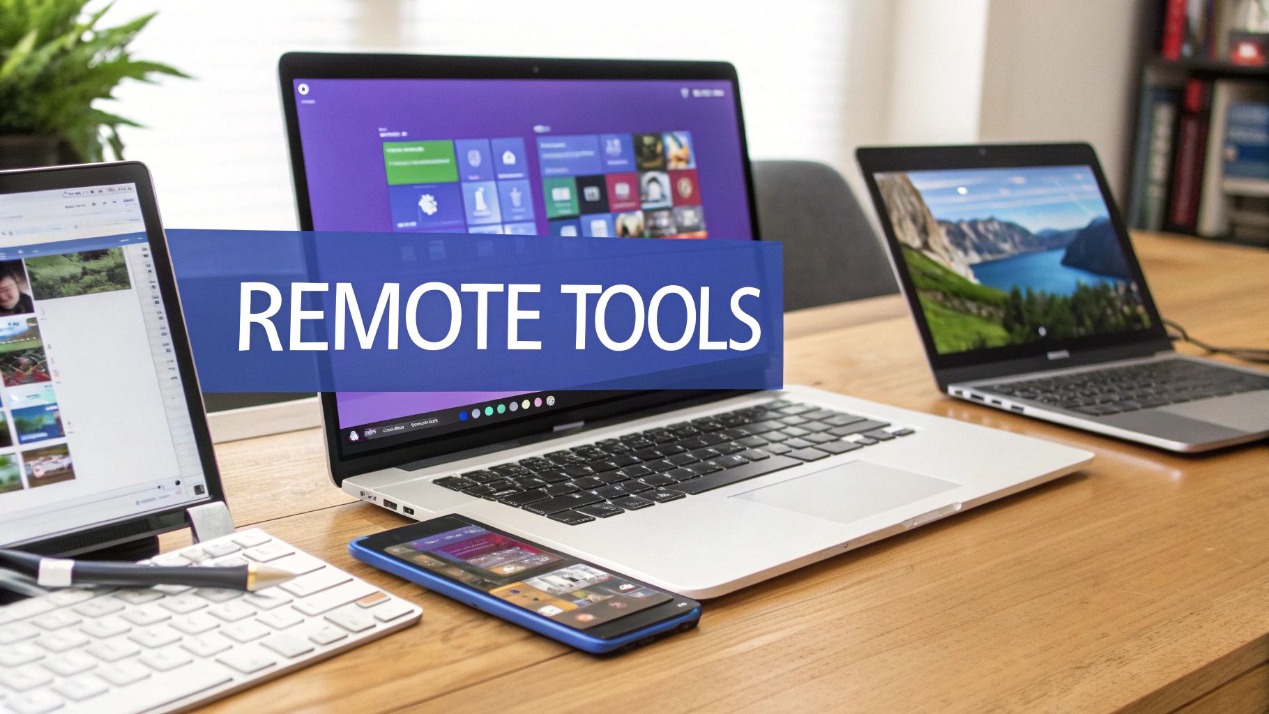 Multiple laptops, a smartphone, and a keyboard on a wooden desk with a 'REMOTE TOOLS' banner.