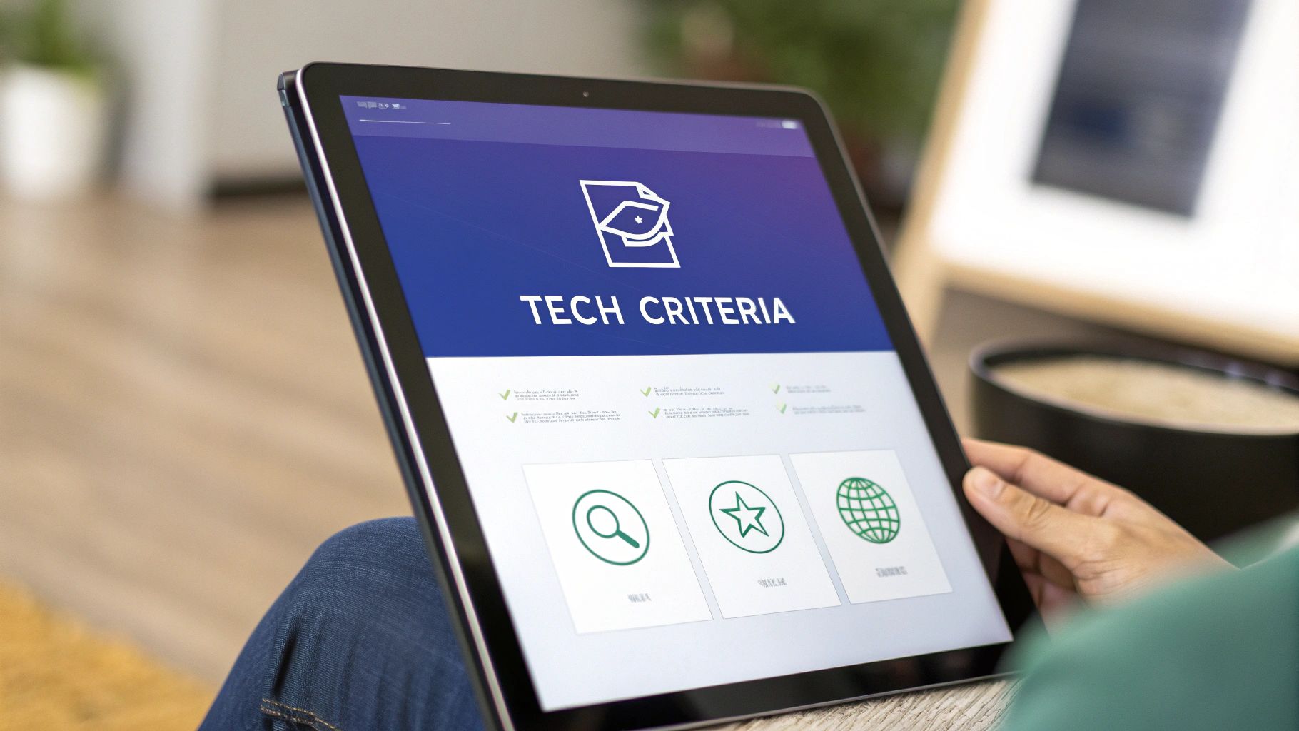 A person using a checklist on a digital tablet, with charts and graphs in the background, representing a systematic tech evaluation.