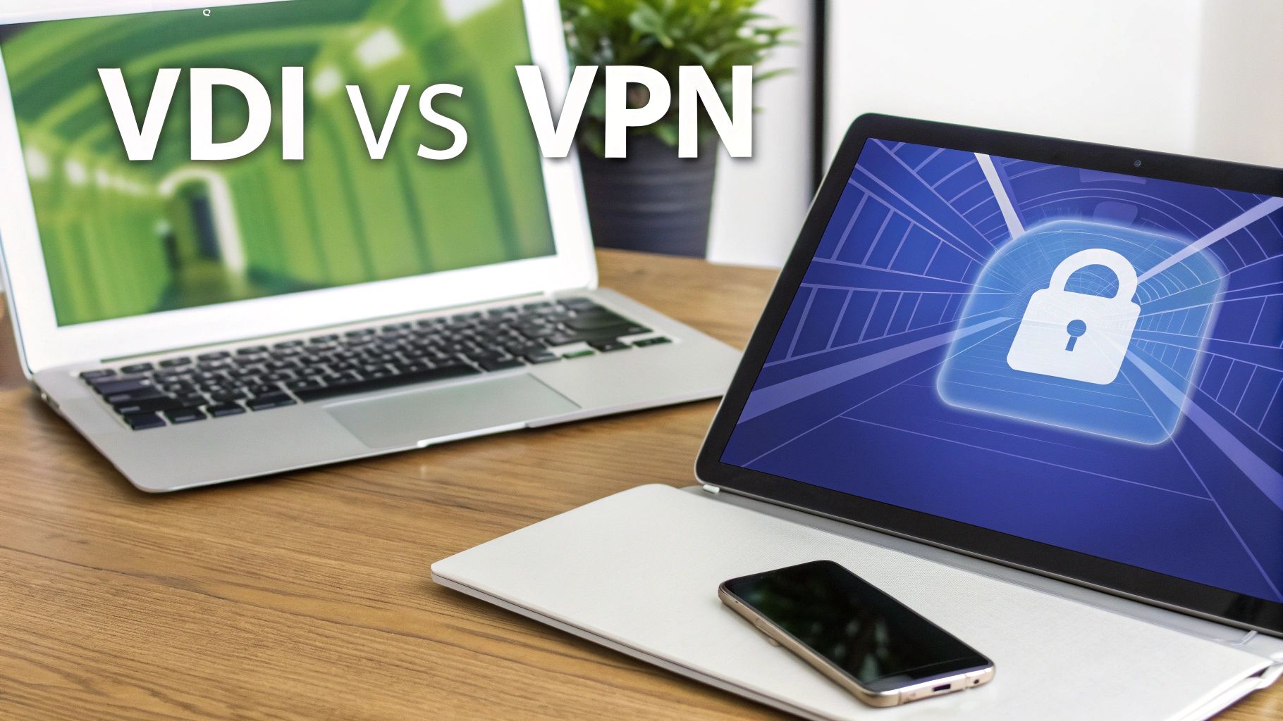 Two laptops on a desk illustrate VDI vs VPN, one showing a tunnel, the other a security padlock.