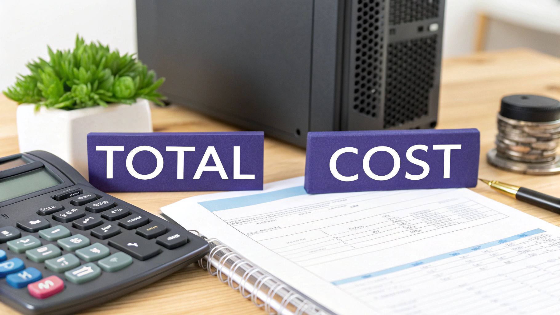 A person using a calculator with charts and graphs in the background, symbolizing financial analysis.