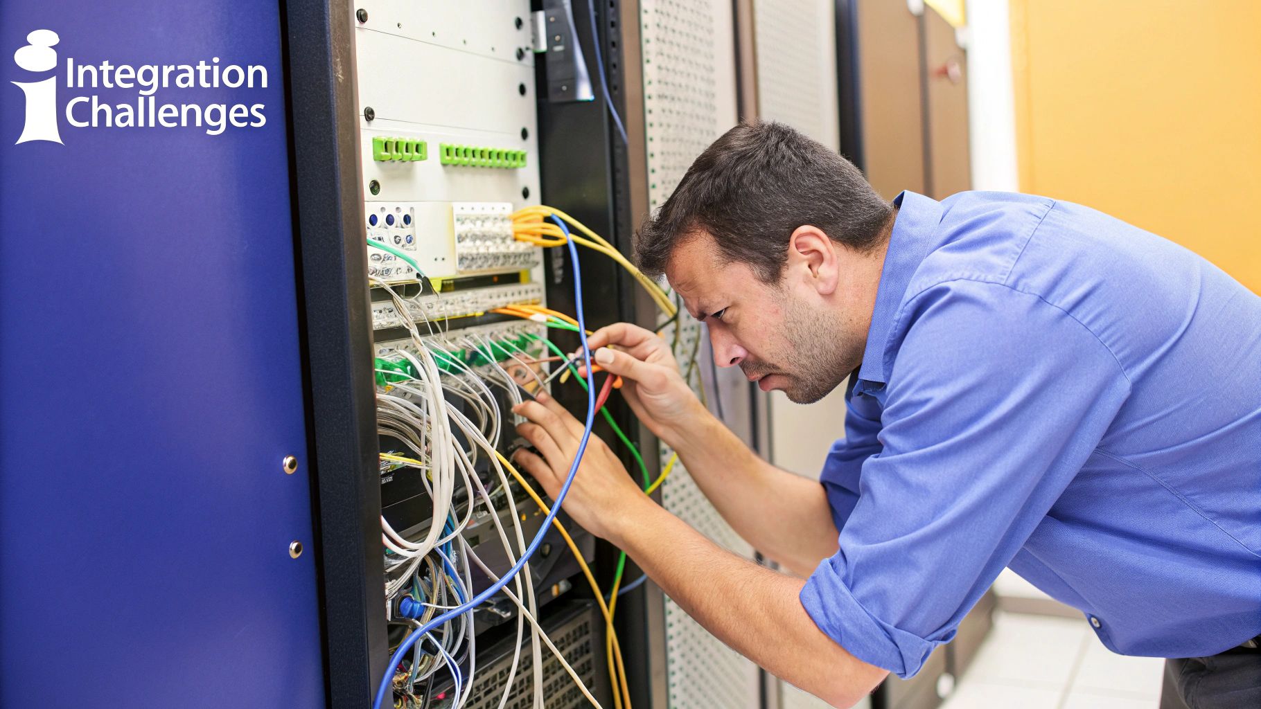 A doctor reviewing integrated patient data on a tablet, a factory robot arm, and a banking app, all connected.
