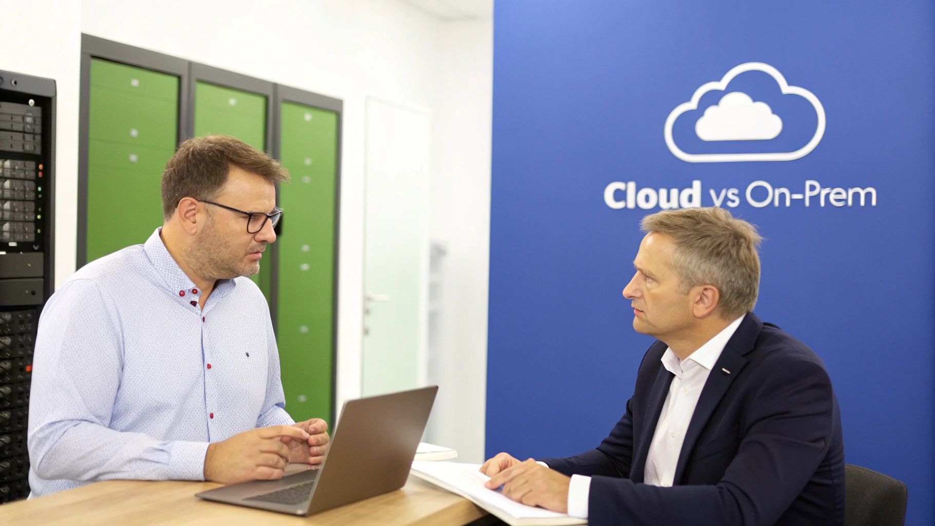 Two businessmen discuss IT infrastructure solutions in an office with a "Cloud vs On-Prem" sign.
