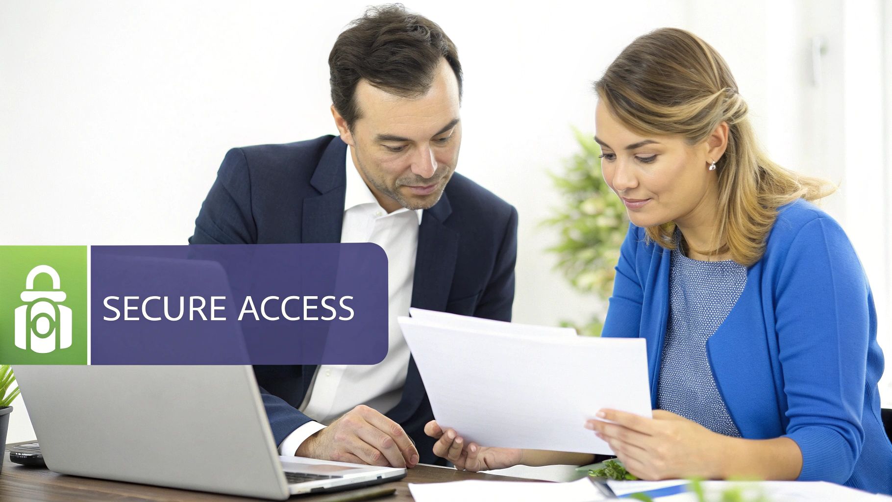 Business professionals reviewing secure access solutions on laptop for cloud application hosting