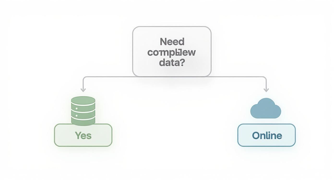 A flowchart asking 'Need complex data?'. If yes, it points to a database icon. If online, it points to a cloud icon.