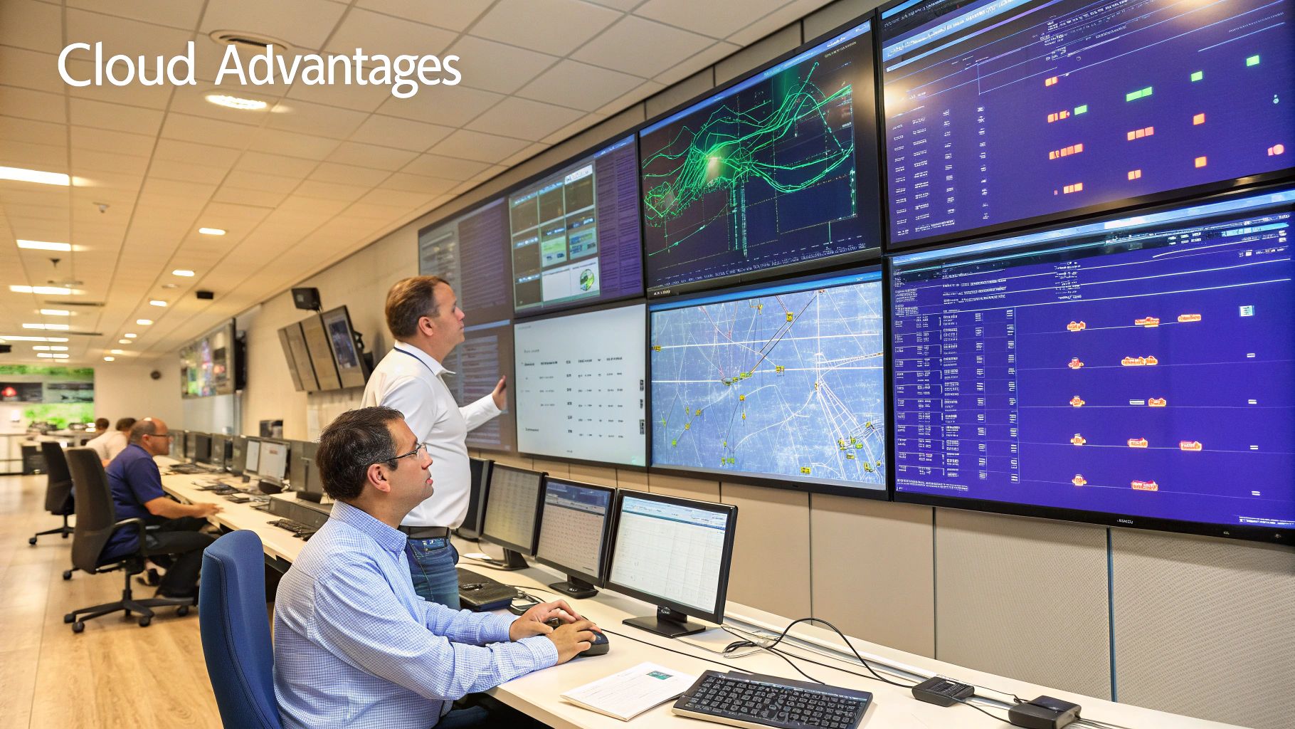 A professional business team collaborating around a digital cloud interface, representing strategic planning for cloud application hosting.