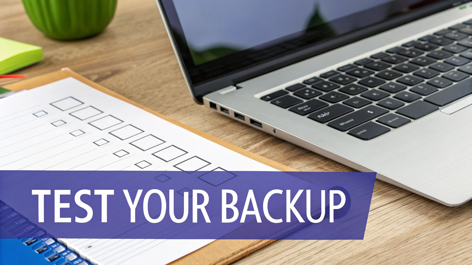 Laptop computer with checklist clipboard and test your backup text on wooden desk