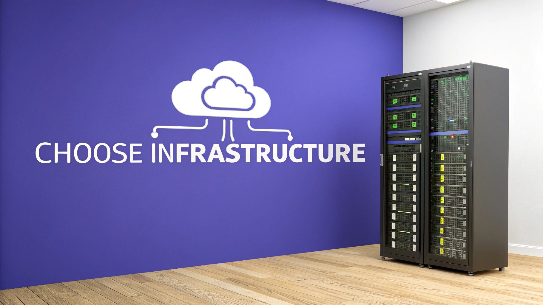 A purple wall with a 'Choose Infrastructure' cloud graphic next to two server racks.