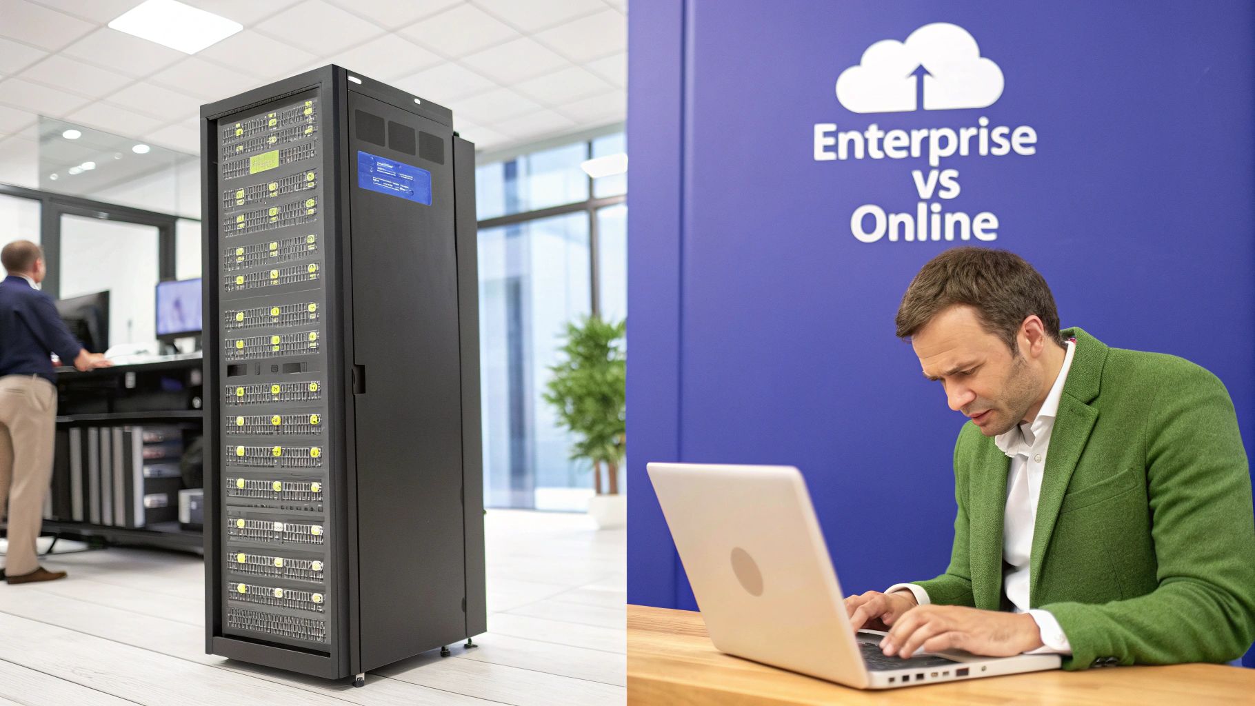 A server rack representing enterprise solutions and a man on a laptop for online services, showcasing comparison.