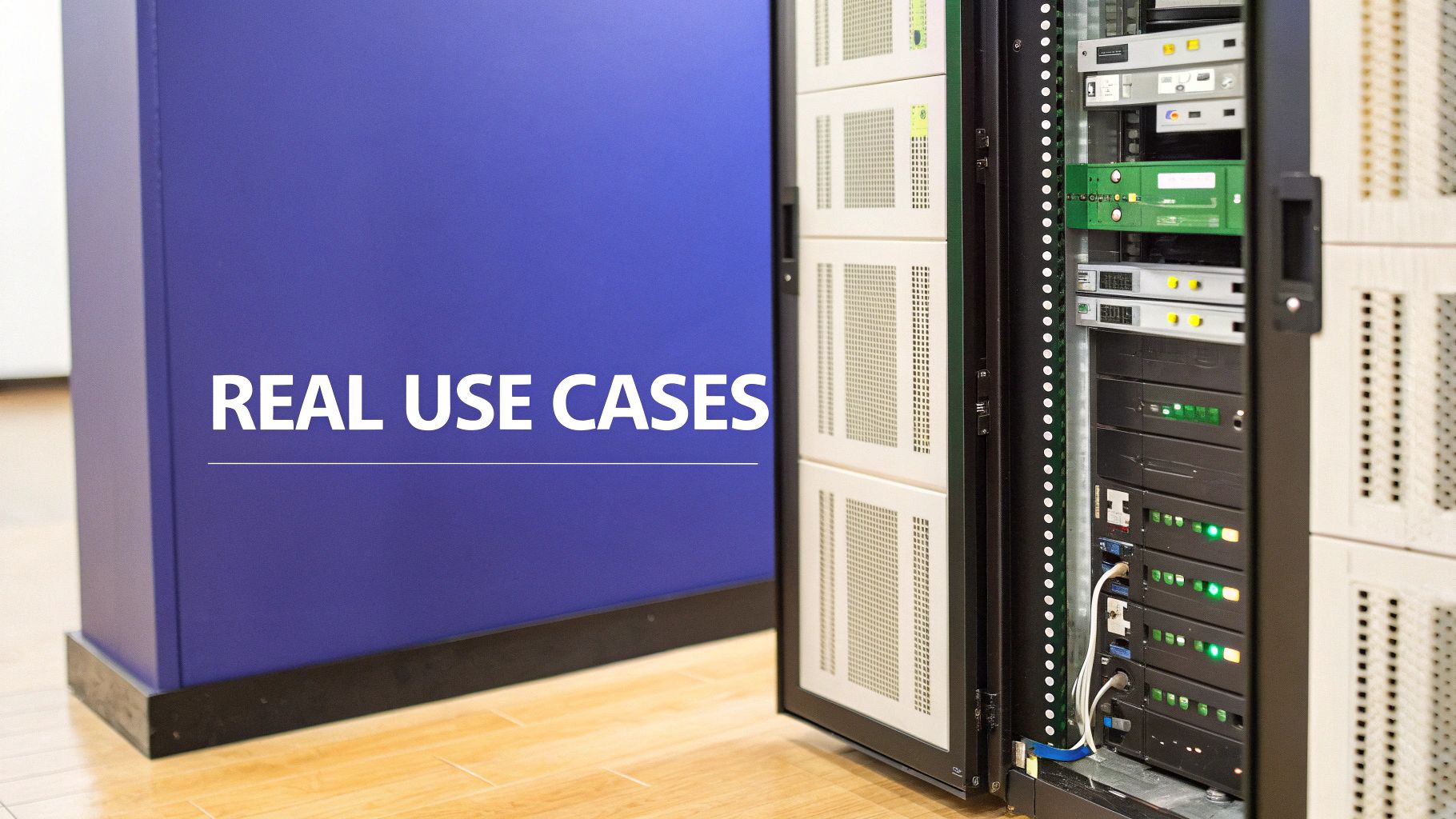 A server room with neatly organized racks, illustrating a consolidated and efficient IT infrastructure.