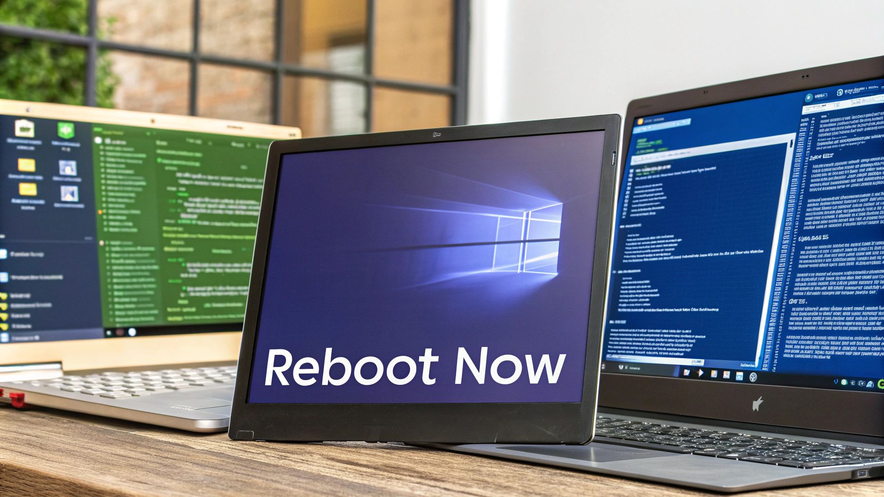 A split-screen image showing the Windows Server GUI on one side and a Linux terminal on the other, representing both reboot environments.