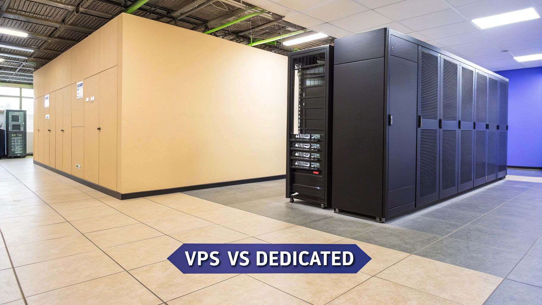 Diagram showing a physical server divided into multiple virtual private servers versus a single dedicated server.