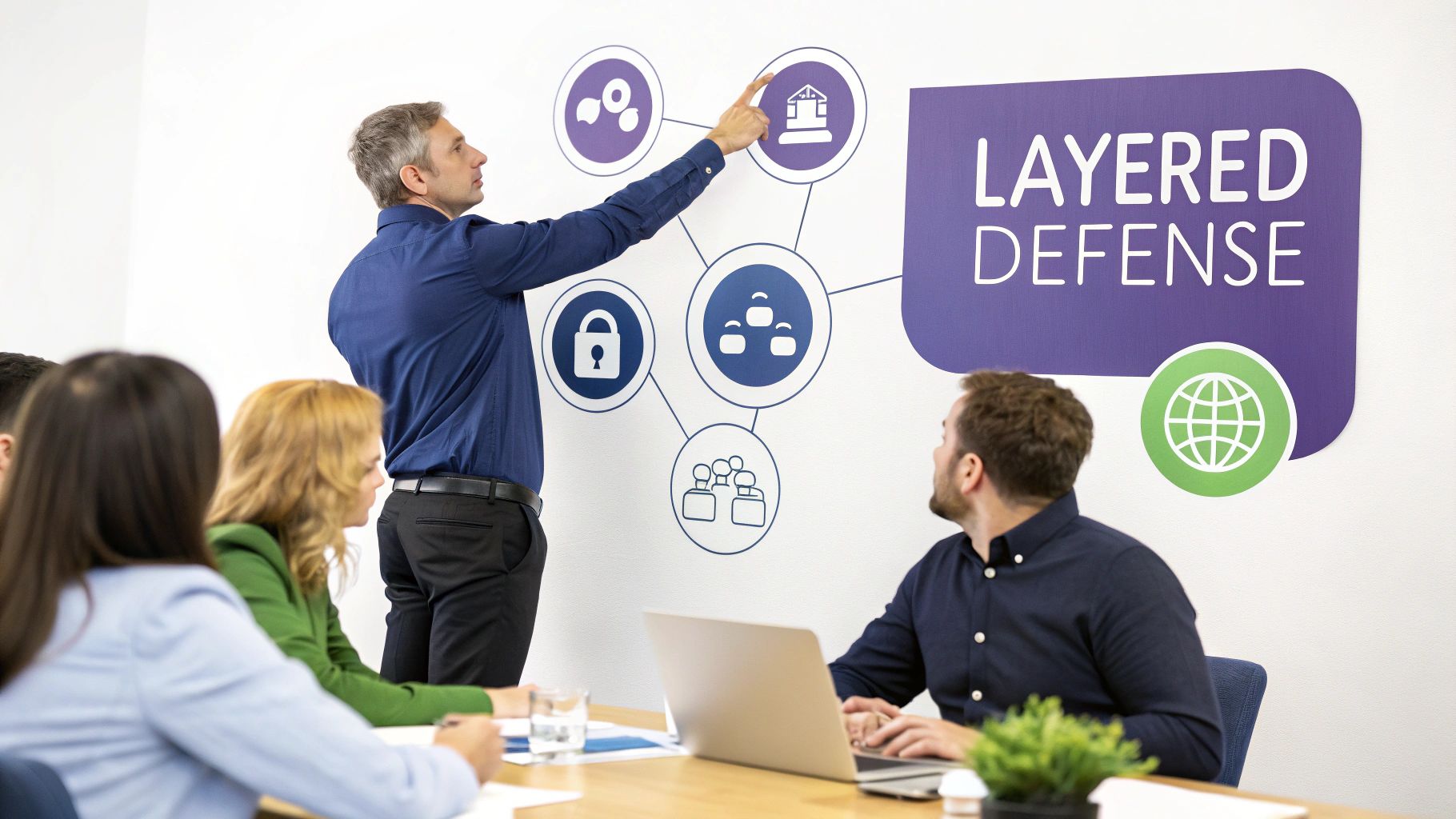 A person working on a laptop with a digital lock icon overlaid, symbolizing cybersecurity.