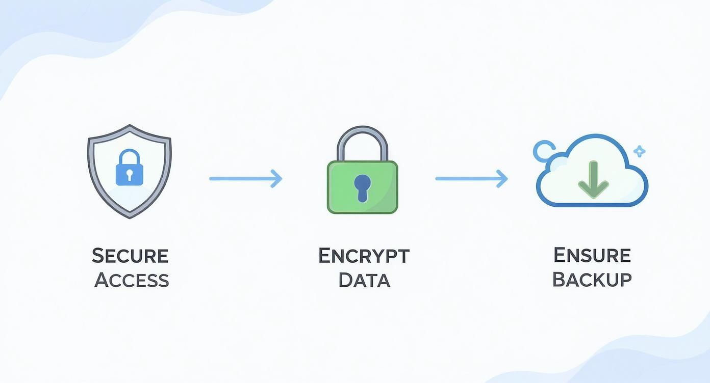 A visual guide illustrating secure access, data encryption, and cloud backup for robust data protection.
