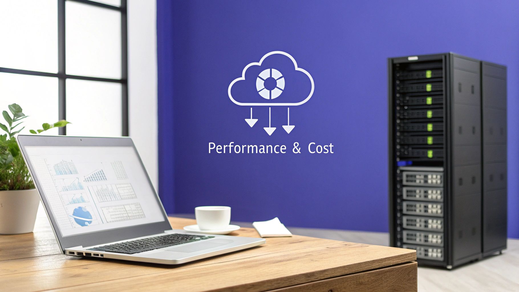 A desk with a laptop showing charts, a coffee cup, server racks, and a cloud icon with 'Performance & Cost'.