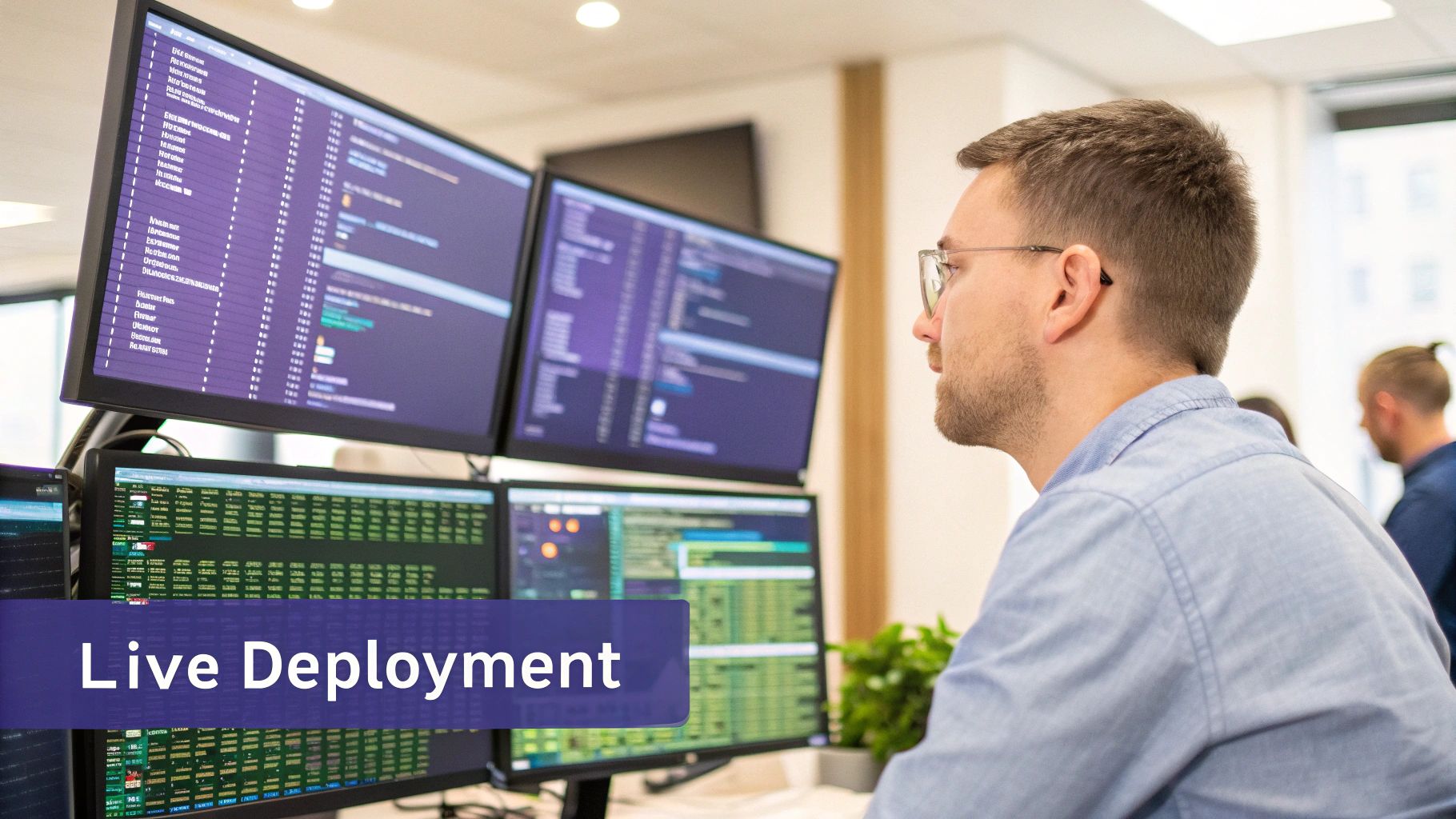 An abstract visual representation of data and code flowing from a blueprint into a live, operational cloud environment.