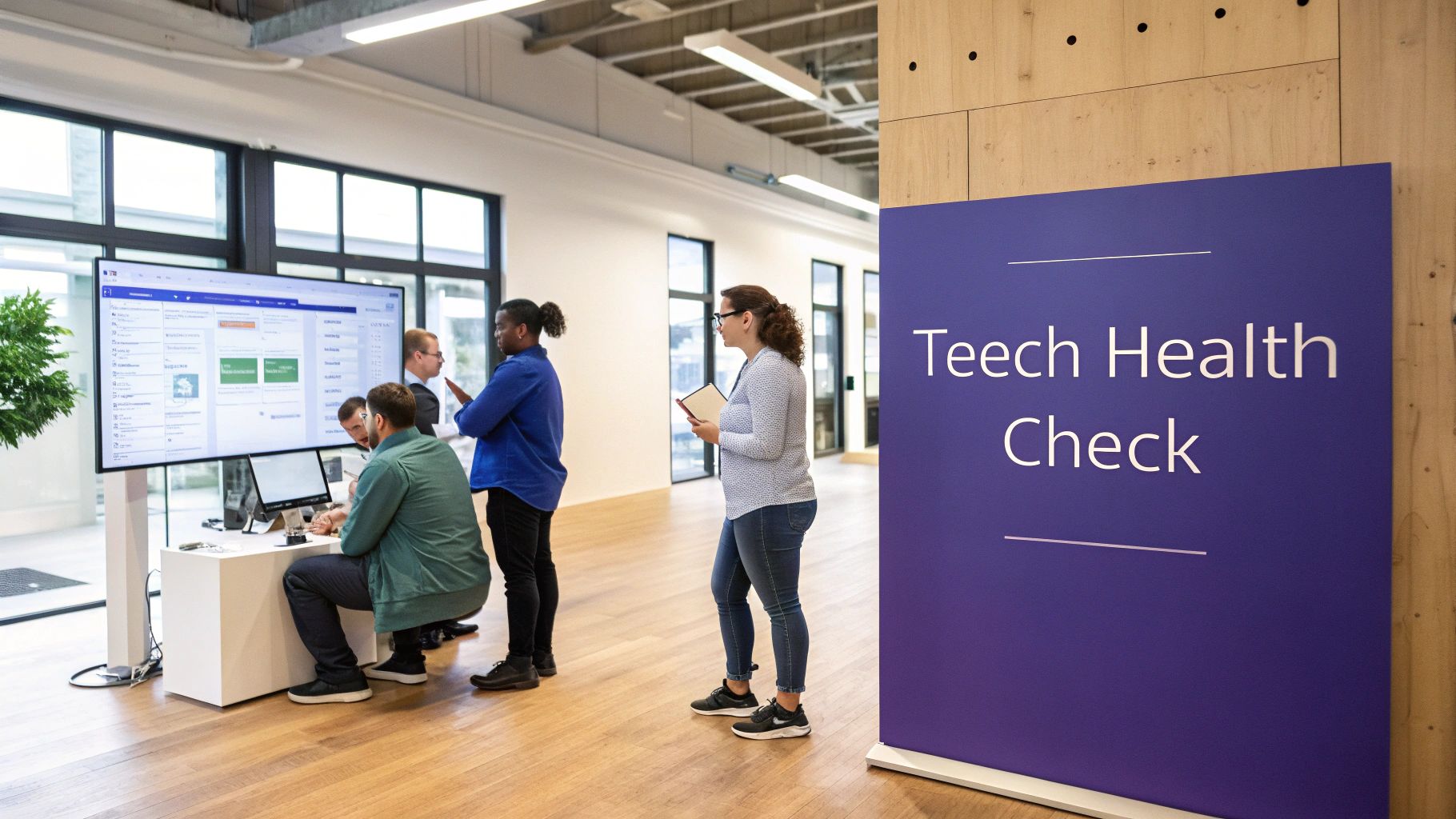 A team collaborating in a modern office with technology interfaces visible, symbolizing a business technology assessment in action.