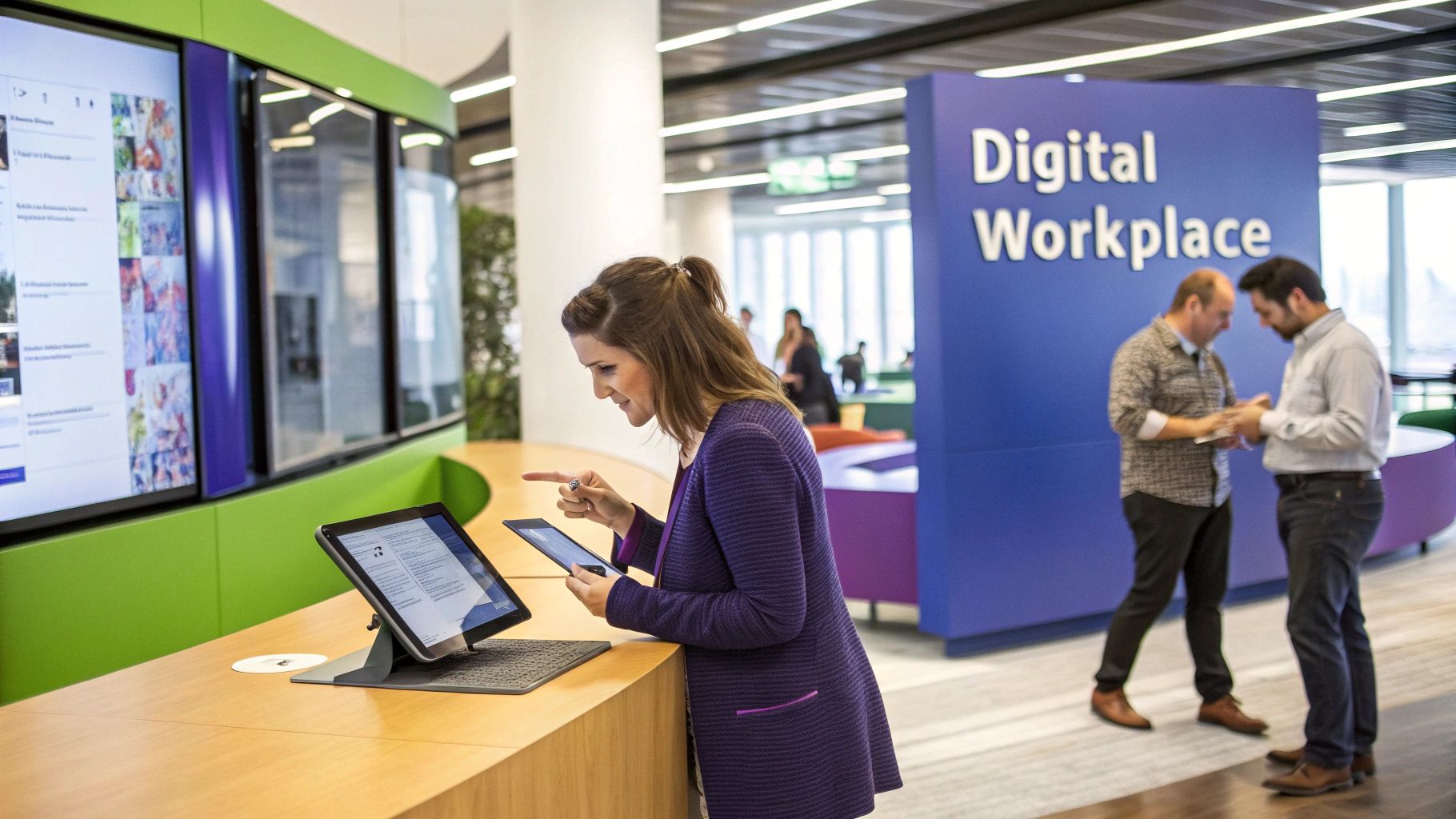 A modern, digital workspace with multiple devices connected seamlessly.
