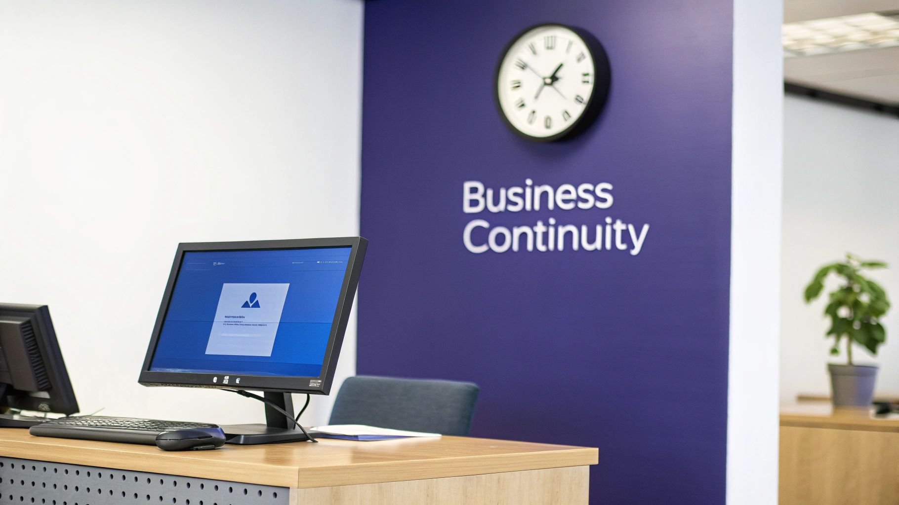 Modern office workspace featuring computers on a wooden desk, a clock, and 'Business Continuity' text on a purple wall.