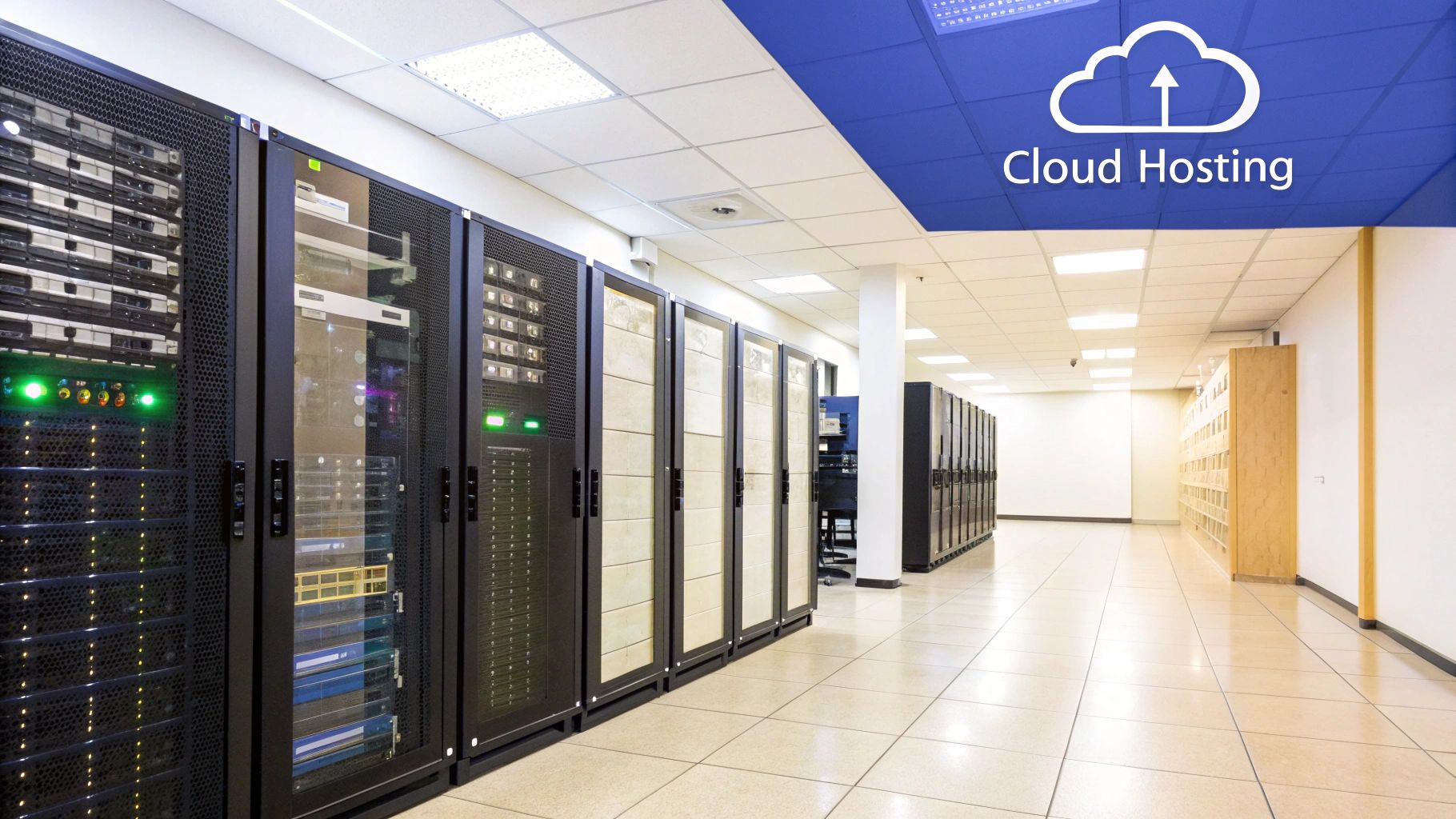 A network of interconnected cloud servers and applications floating above a laptop, symbolizing the concept of cloud application hosting.