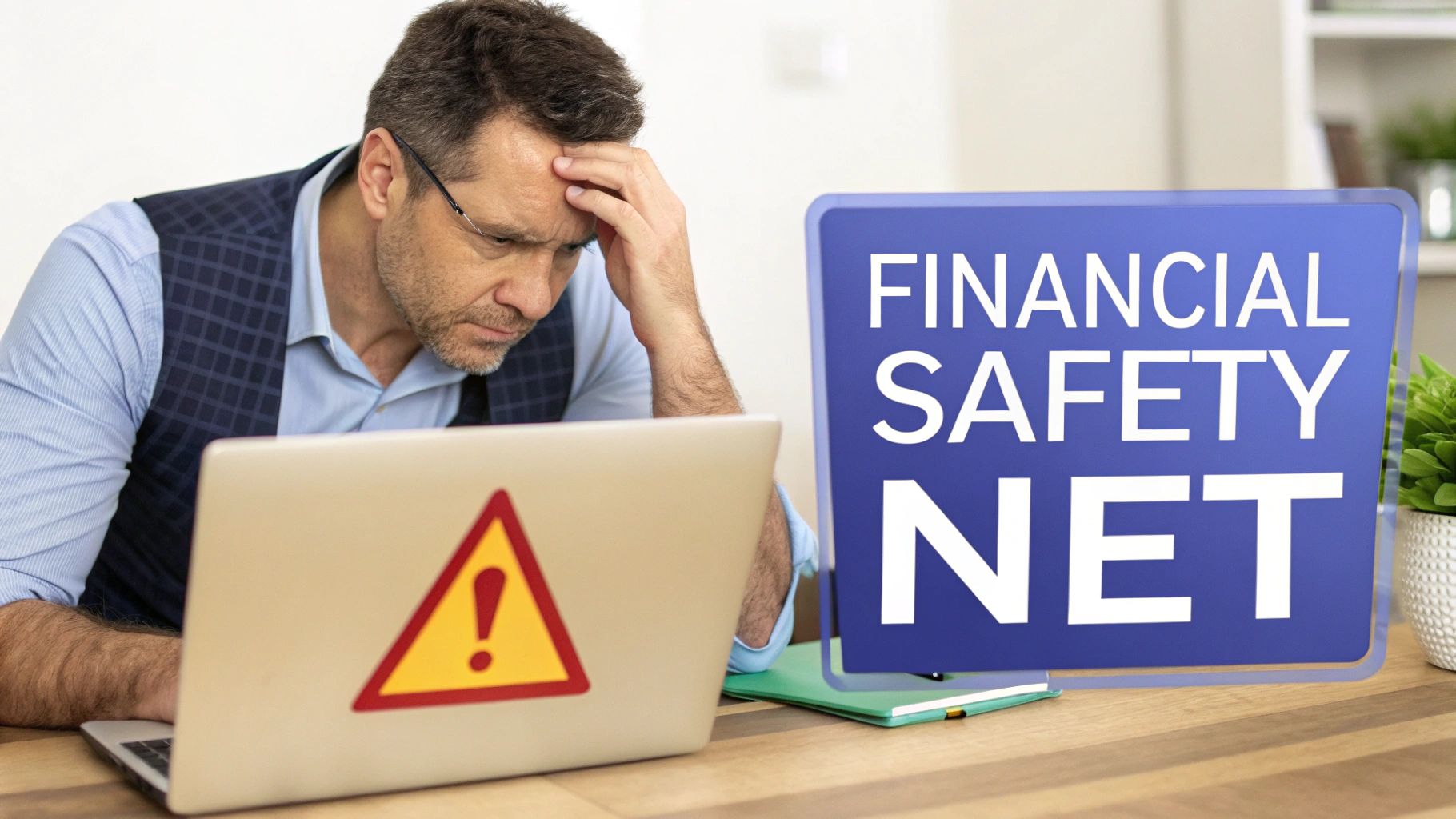 Stressed businessman viewing warning sign on laptop with financial safety net sign nearby