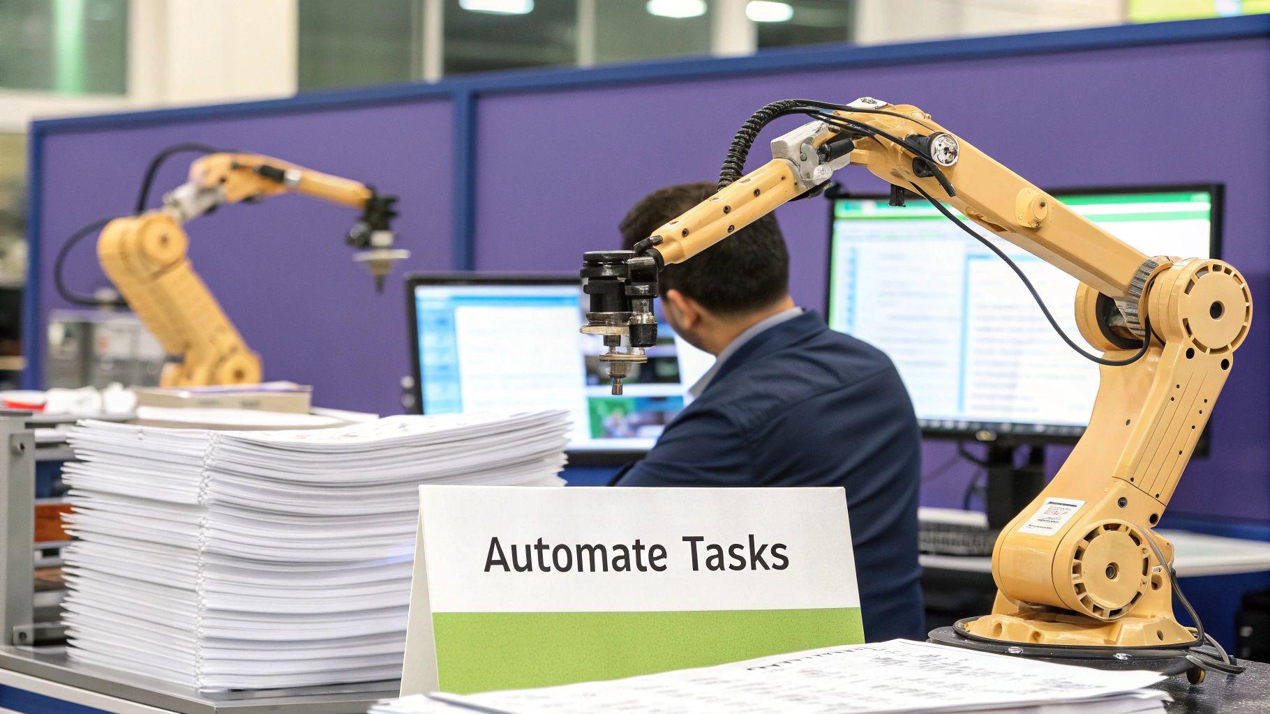 An illustration showing a robotic arm interacting with digital icons, representing process automation.