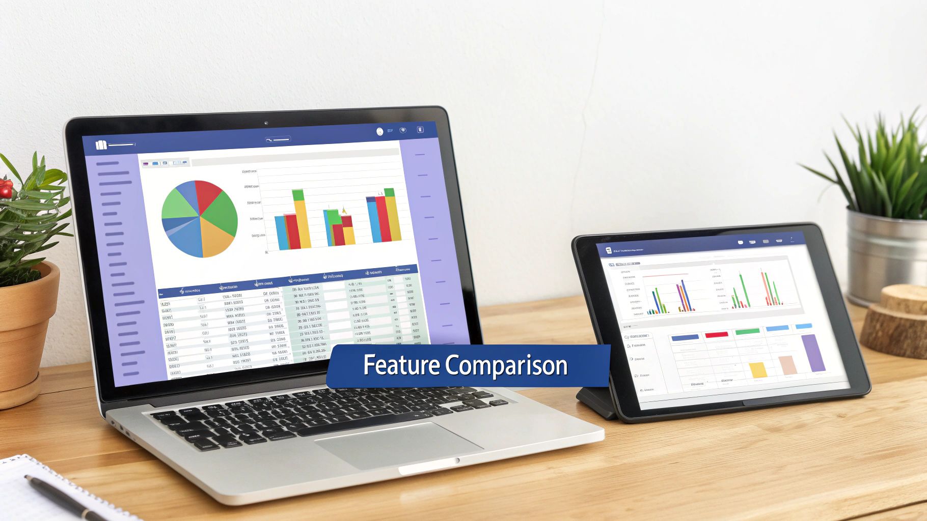 Two professionals collaborating on a laptop, analyzing financial data and charts, illustrating a feature comparison between accounting software.