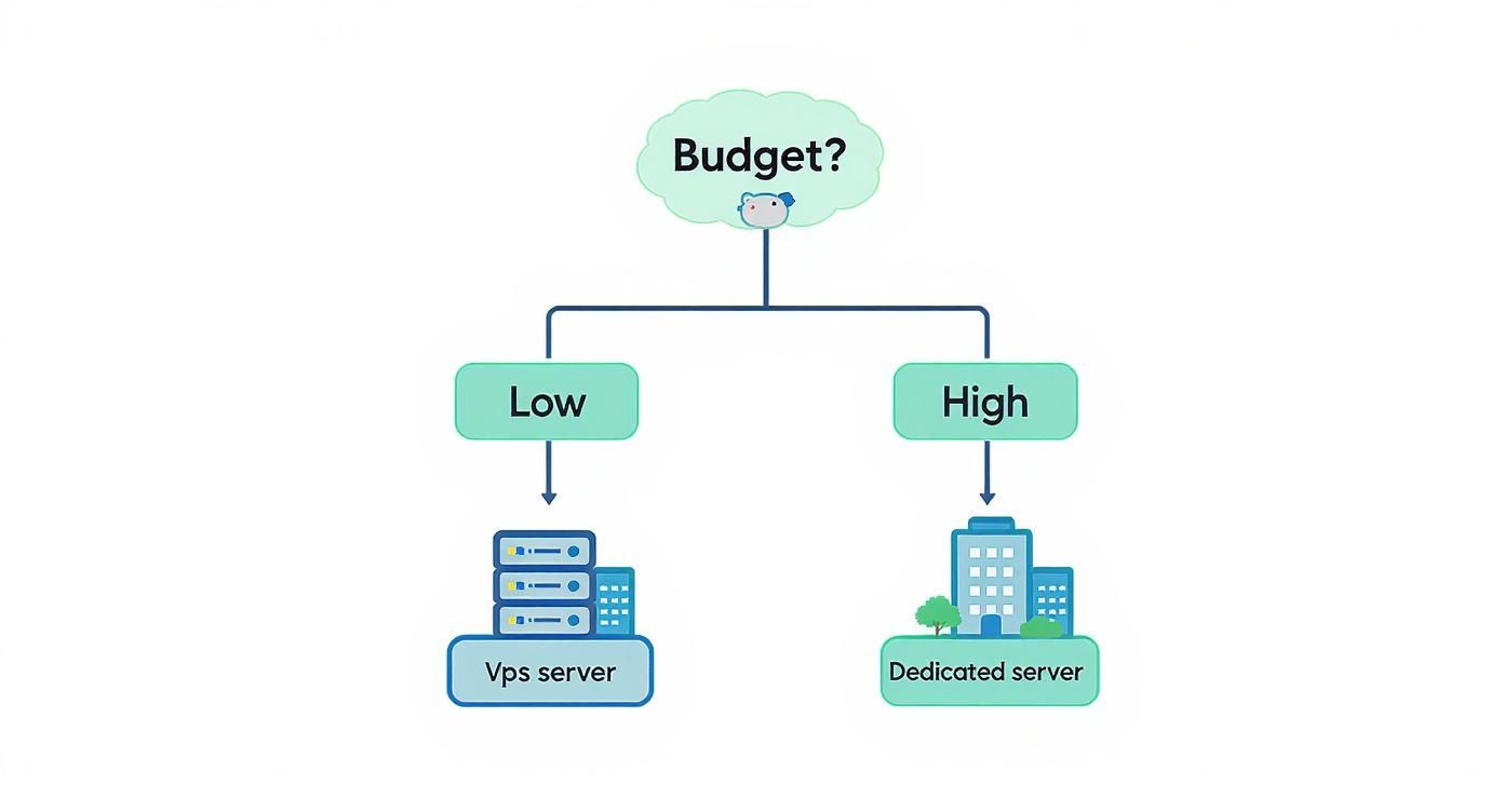 Infographic decision tree showing that a low budget points to a VPS, while a high budget points to a dedicated server.