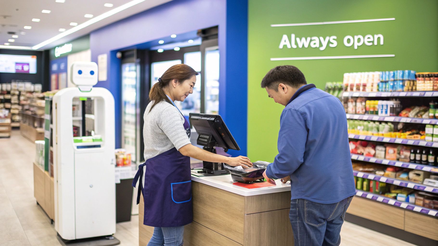 An employee assists a customer at a checkout counter in a smart retail store with an autonomous robot.