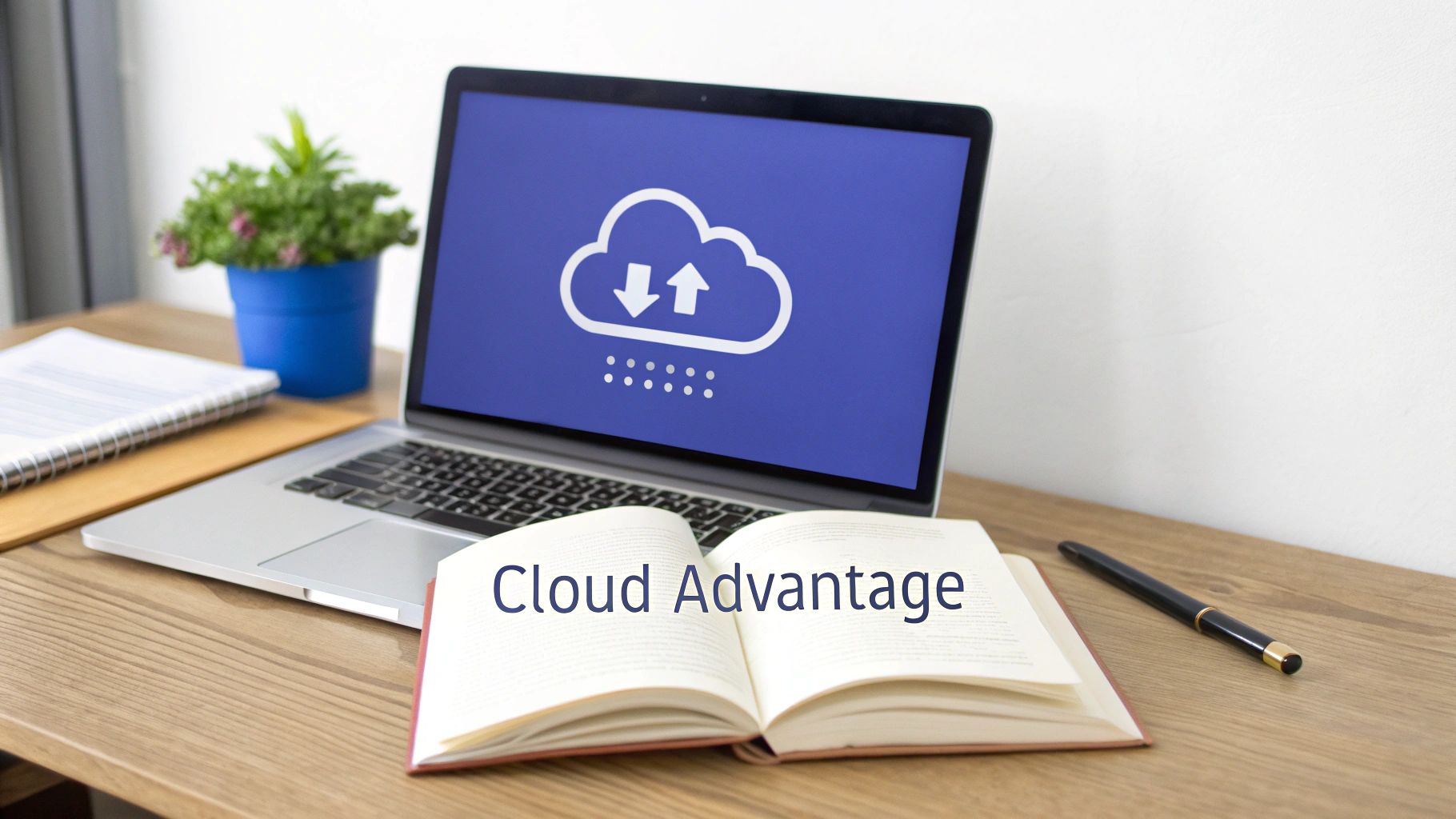 A vibrant cloud graphic with multiple icons representing desktop computers, security, and scalability, illustrating the benefits of cloud VDI