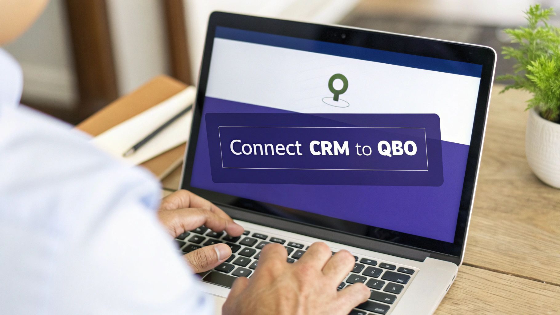 Woman working on a laptop with integration graphics in the background.