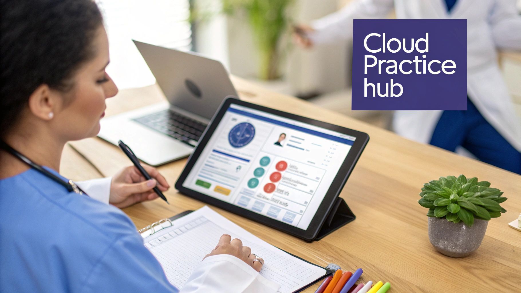 A healthcare professional using a tablet to manage patient data, illustrating the accessibility of cloud based practice management.