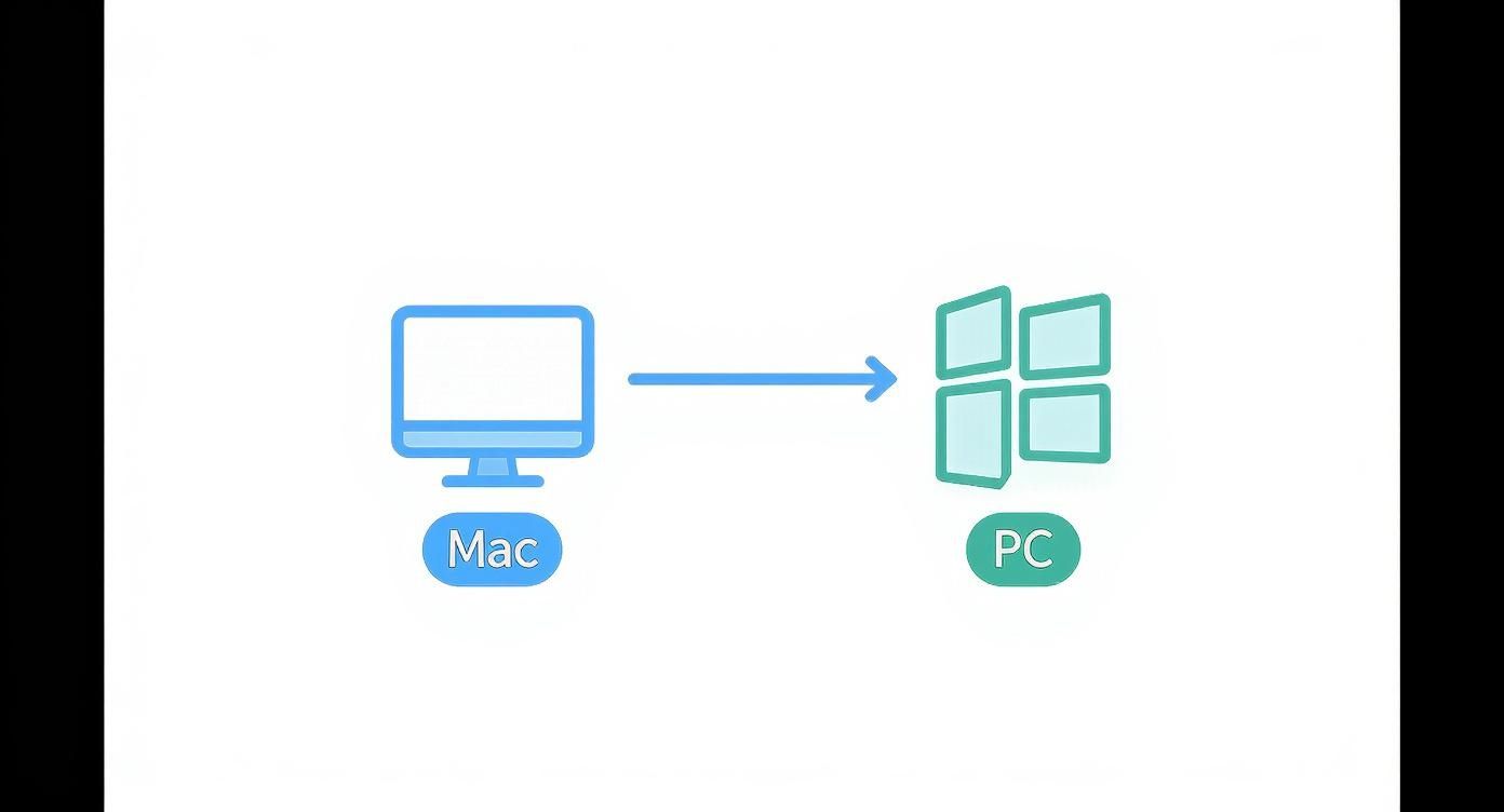 Diagram showing remote desktop connection arrow from Mac computer to Windows PC illustration