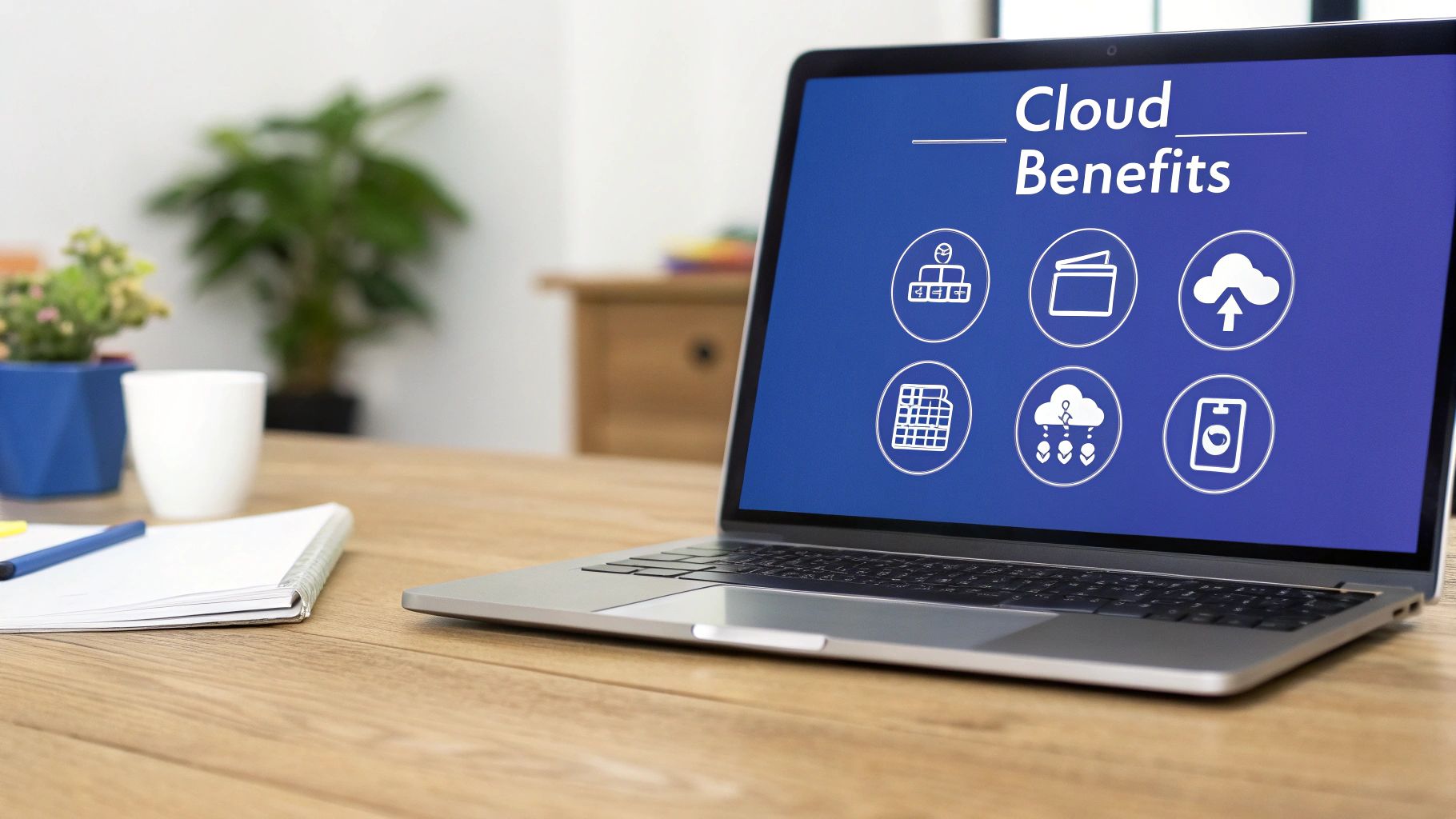 A split image showing a company saving money and a cloud icon with arrows pointing outwards, representing global reach.