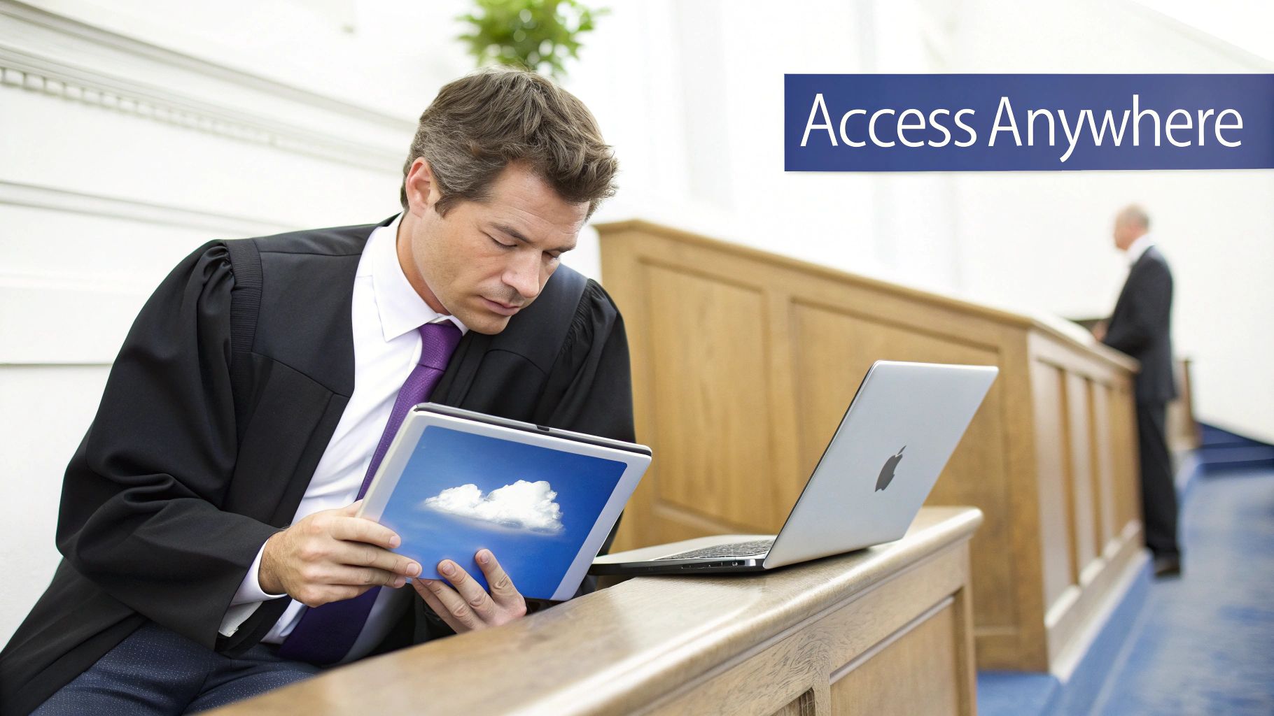 A lawyer in a courtroom reviews a tablet displaying a cloud image, symbolizing 'Access Anywhere'.