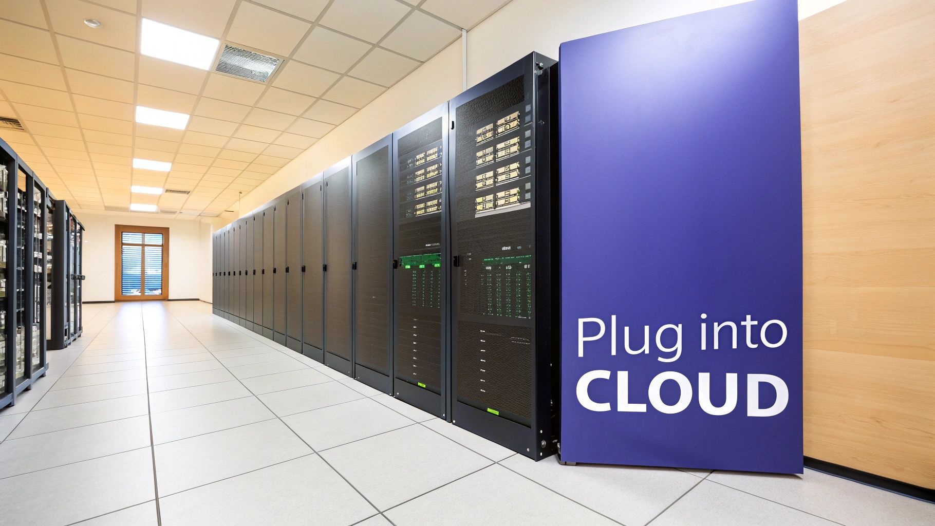 A diagram showing applications and data being moved from on-premise servers to a cloud icon, representing the cloud hosting environment.