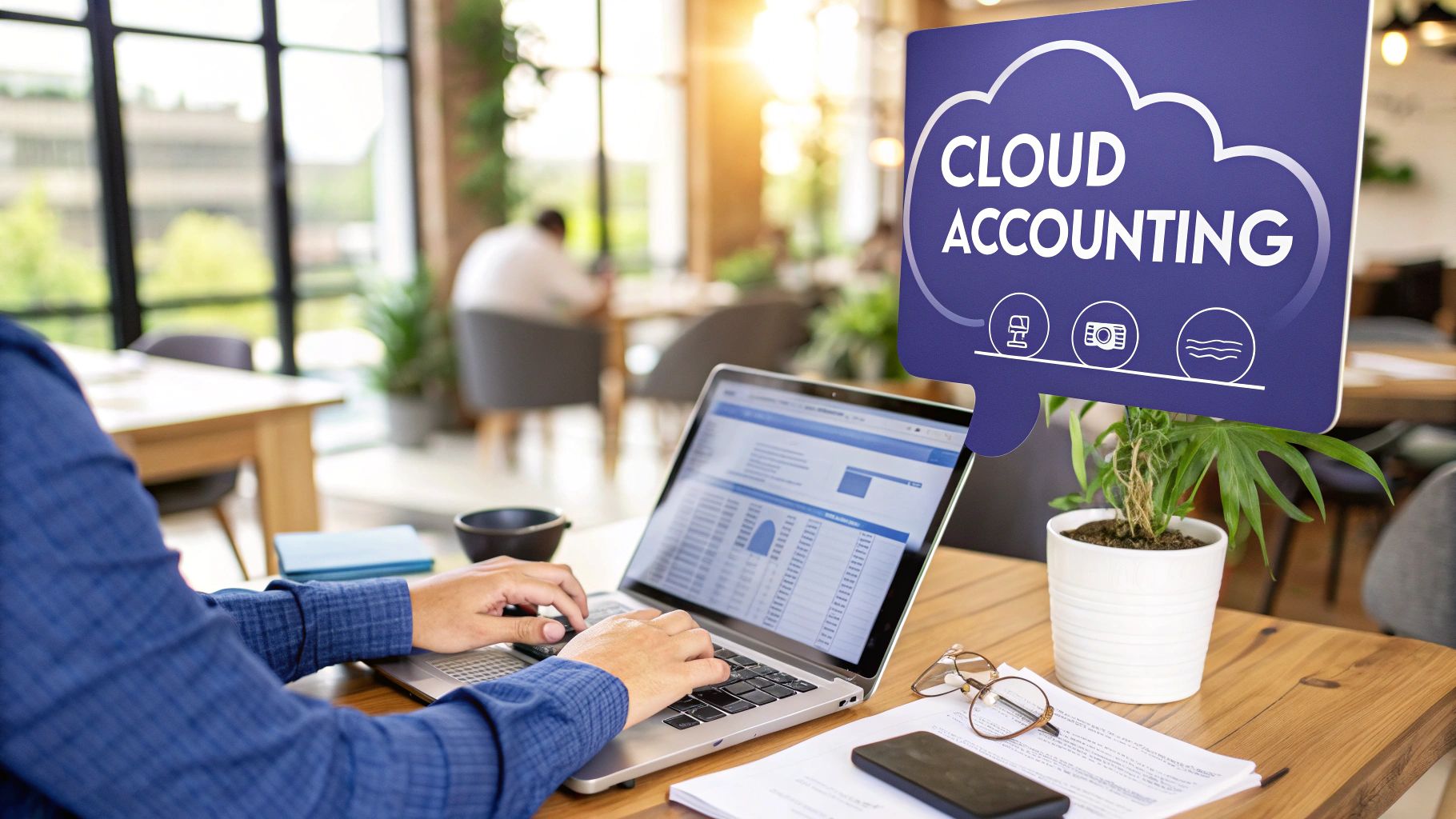 A person working on a laptop in a modern office, symbolizing the flexibility of cloud-based software.