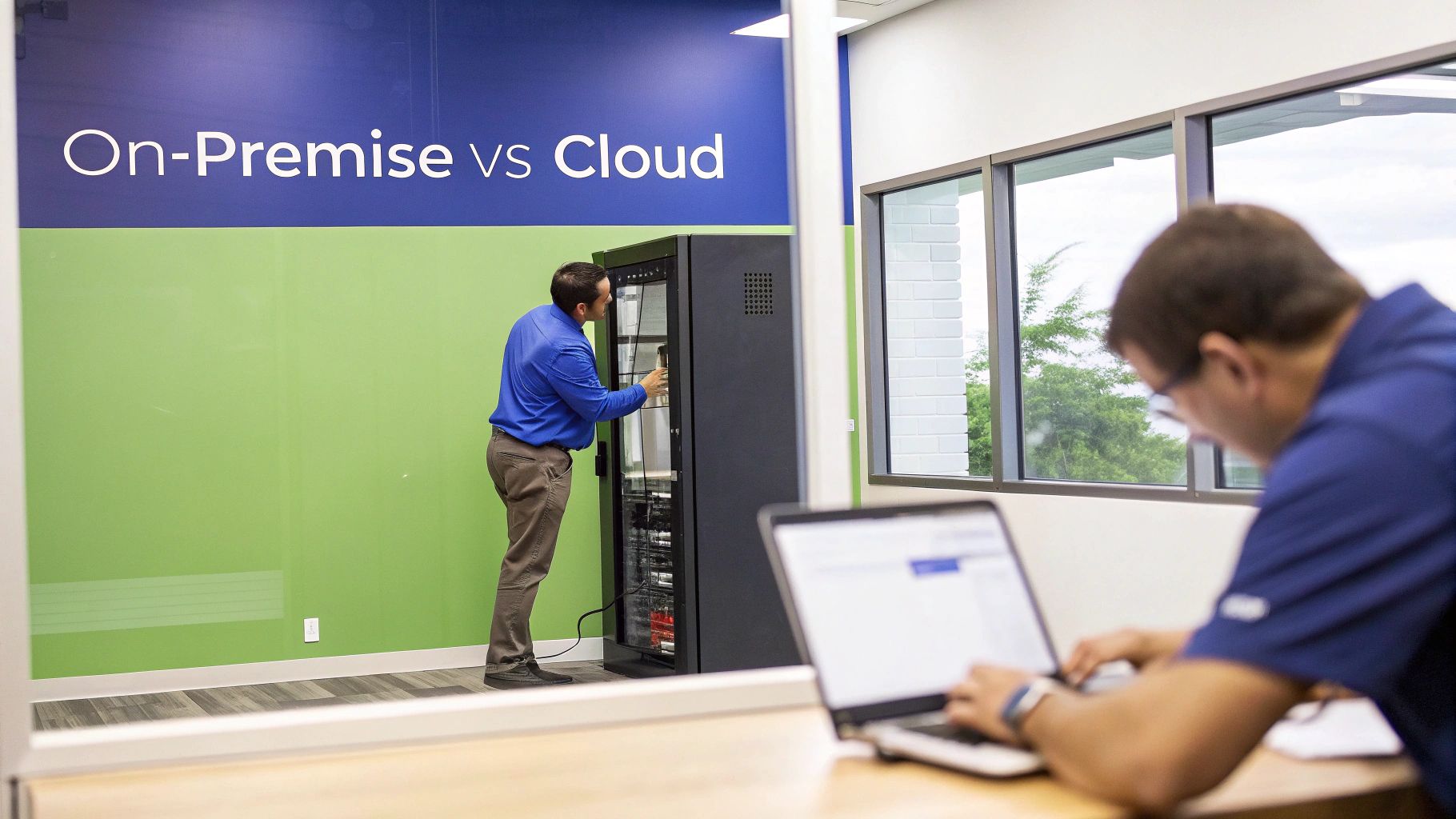 A man adjusts a server rack, while another works on a laptop, depicting on-premise vs cloud IT.