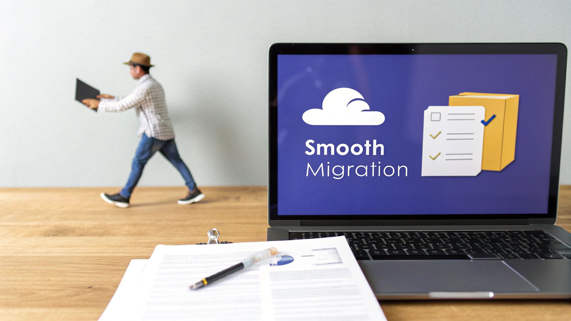 A team of professionals planning a cloud migration on a whiteboard.