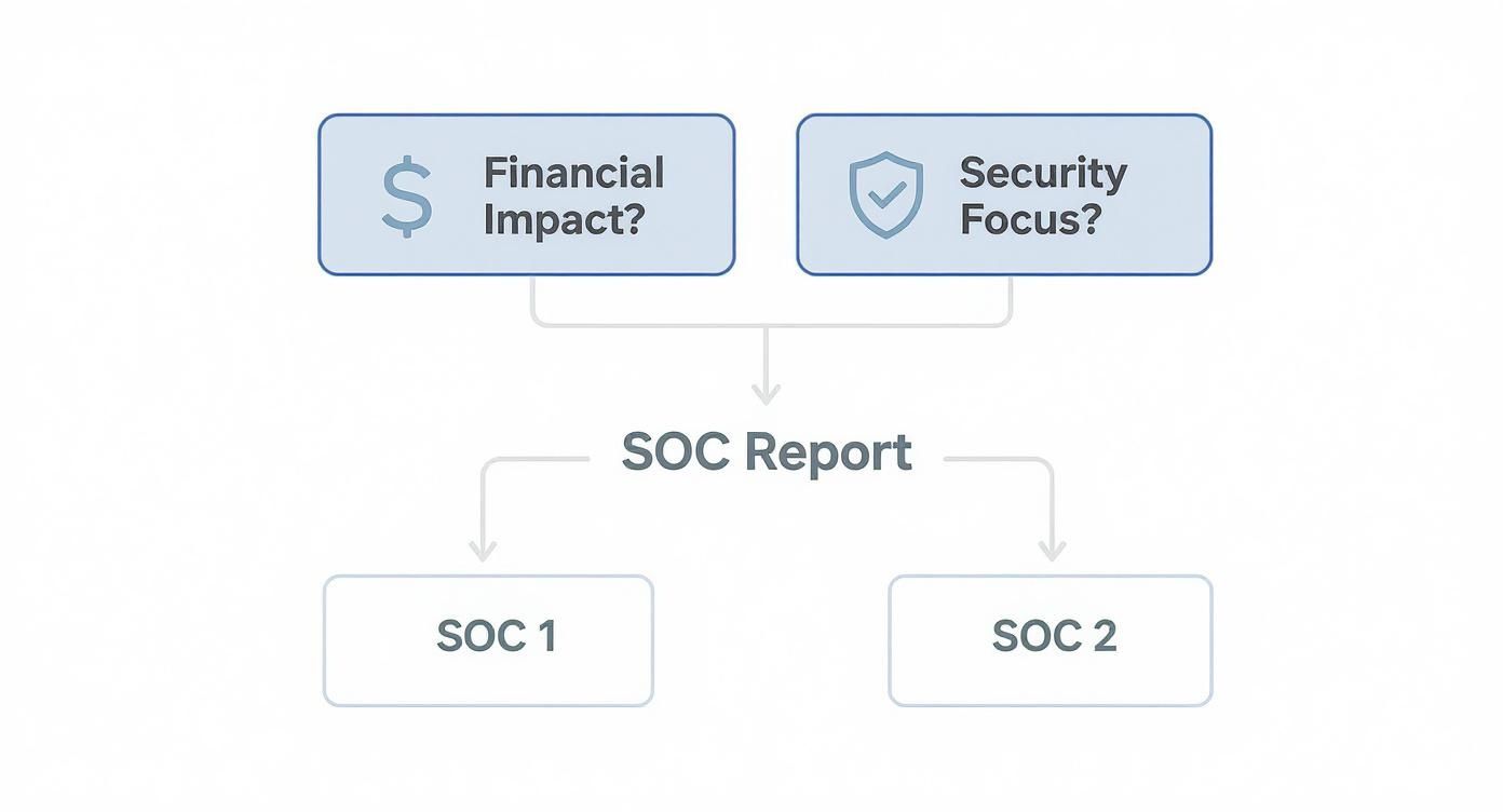 Infographic decision tree to help choose between a SOC 1 and SOC 2 report.