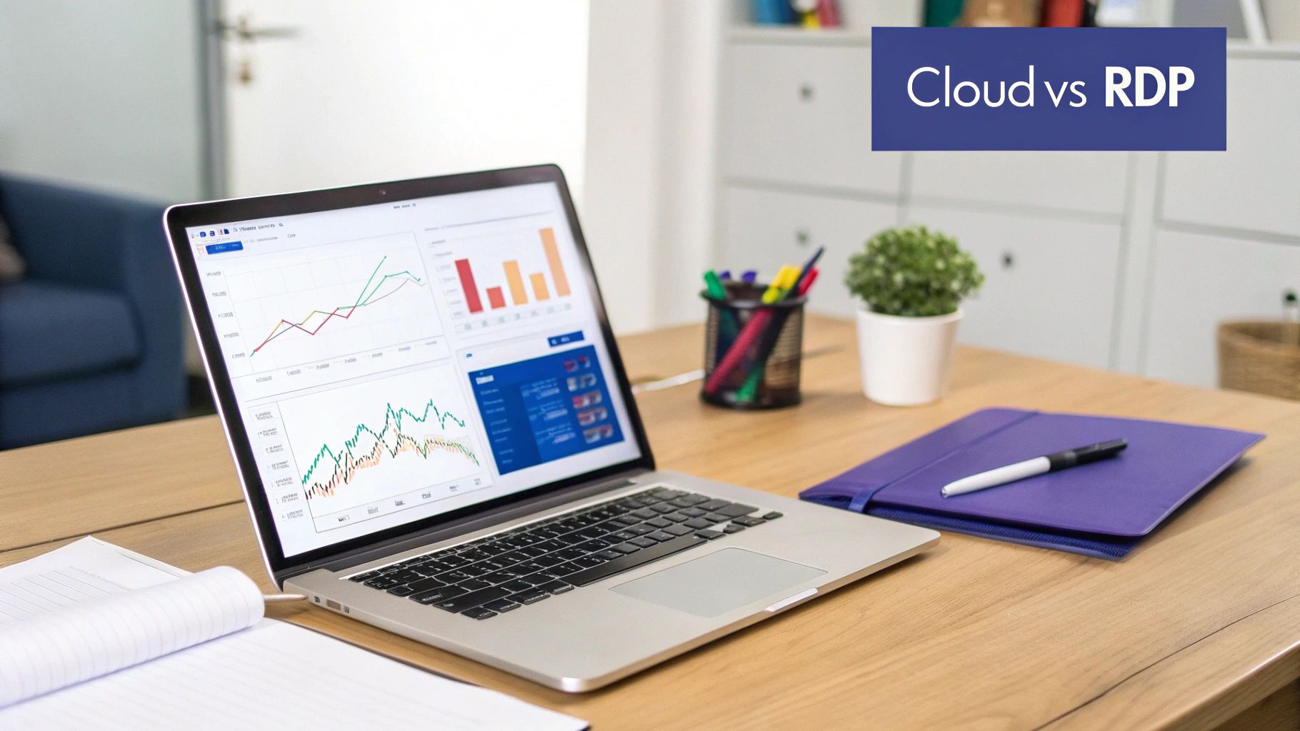A person at a desk with two monitors showing charts, deciding between two paths labeled with cloud and server icons.