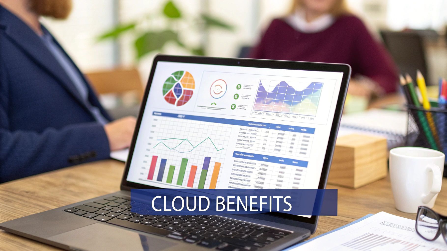 An abstract image showing upward-trending graphs and charts superimposed over a serene cloudscape, symbolizing growth and reliability.