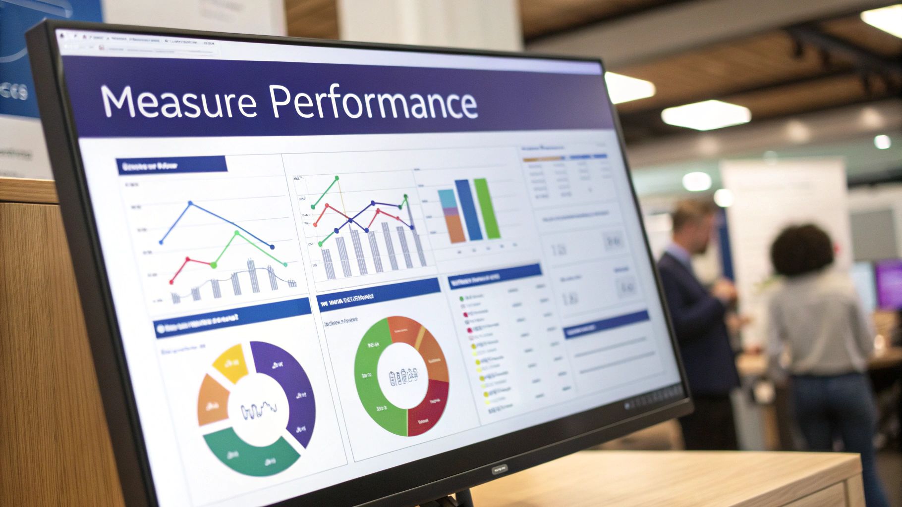 A monitor displays a 'Measure Performance' dashboard with various charts and graphs in an office setting.