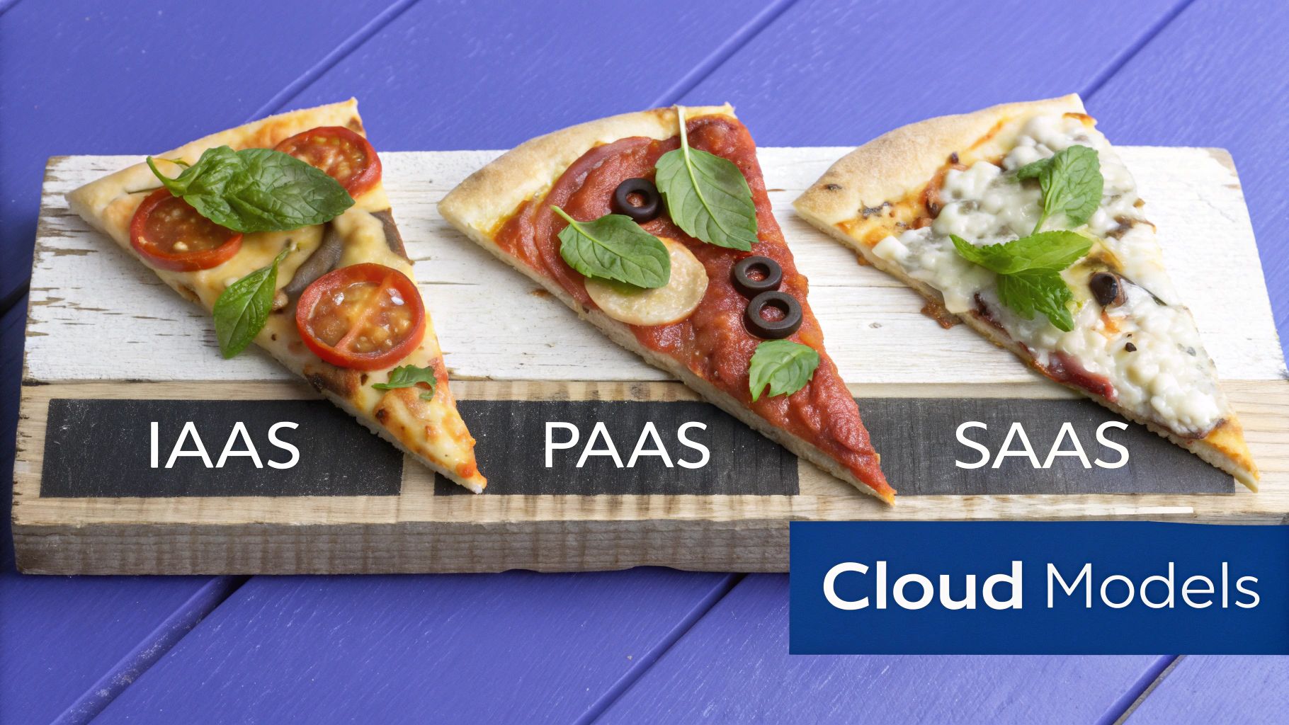 Three diagrams side-by-side, each illustrating a different cloud service model (IaaS, PaaS, SaaS) using a pizza analogy.