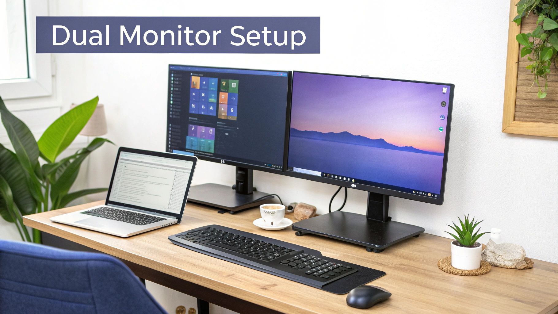 An organized dual monitor setup for remote work, with one screen showing code and the other showing a live preview.