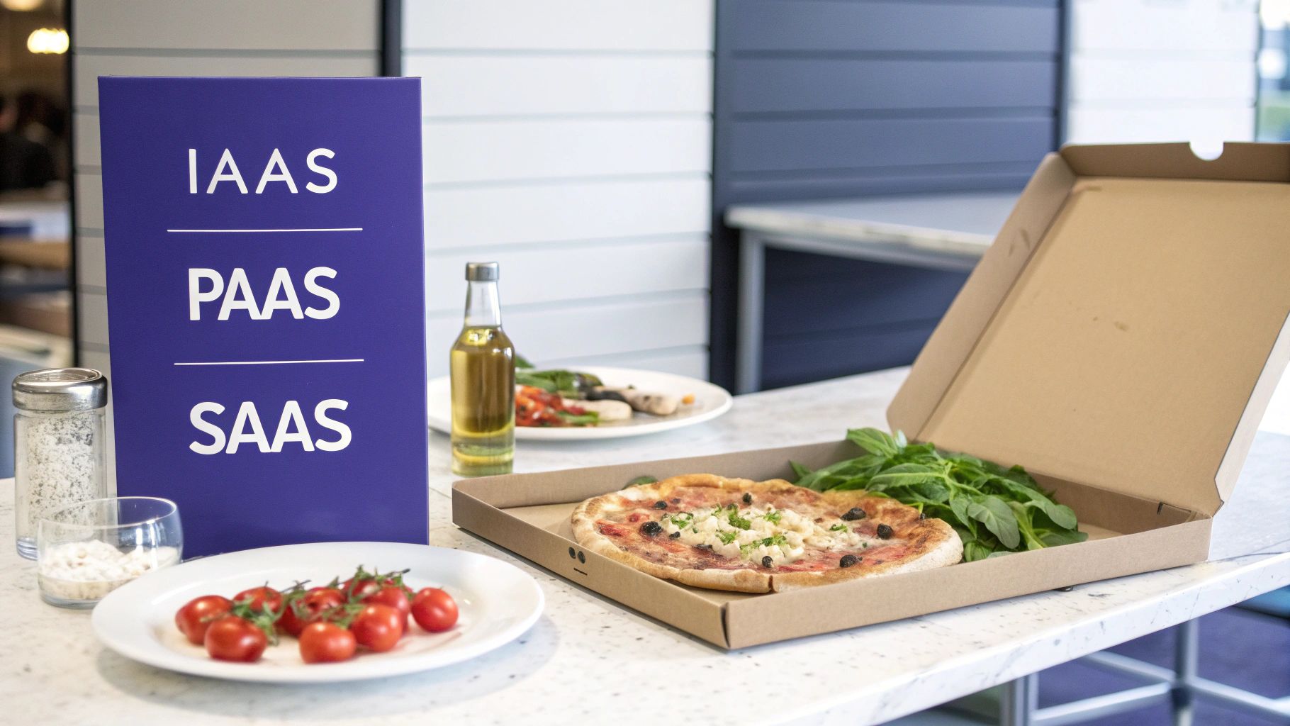 A diagram comparing IaaS, PaaS, and SaaS using a building block analogy.