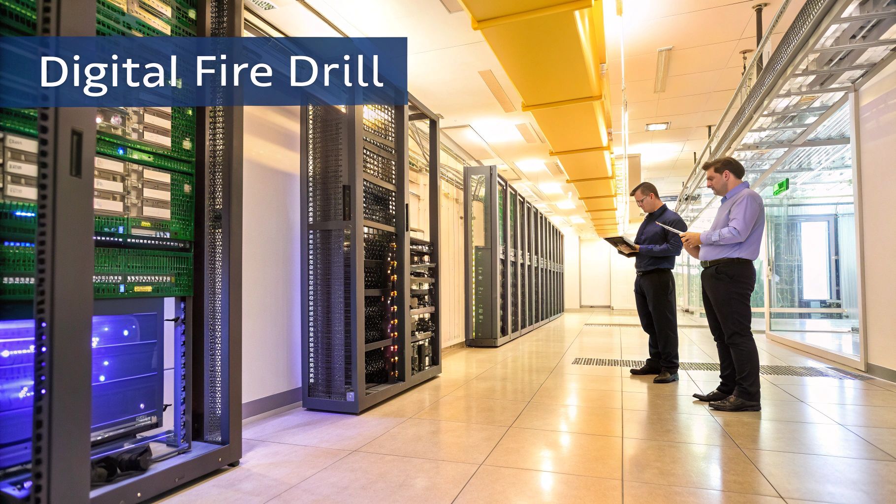 A team of IT professionals working together in a server room, symbolizing disaster recovery planning.
