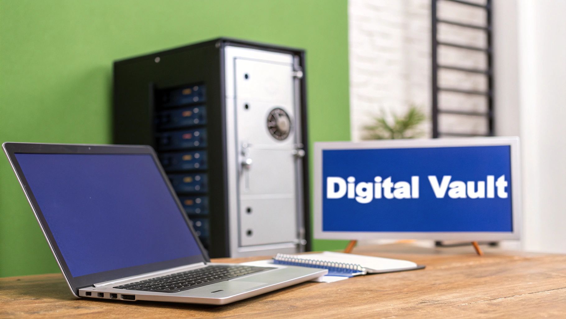 A laptop and monitor displaying 'Digital Vault' with server racks and a safe, representing data security.
